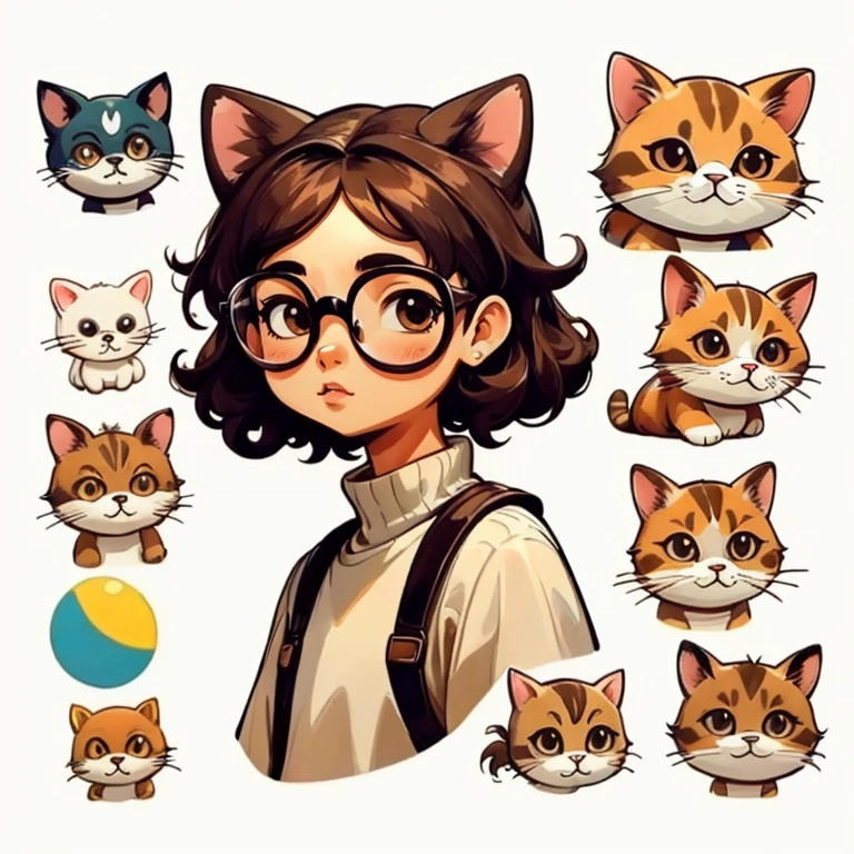 ((stickers)), masterpiece, Beautiful, (portrait), ,1 chubby brown-eyed girl wearing glasses with lenses, simple background, very tousled brown shaggy short hair, high-collar sweater, brown cat ears