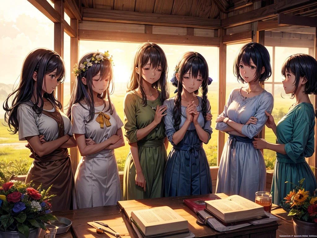 Four survivors in a safe haven, welcoming the first rays of the sun, symbolizing a new beginning and hope."
