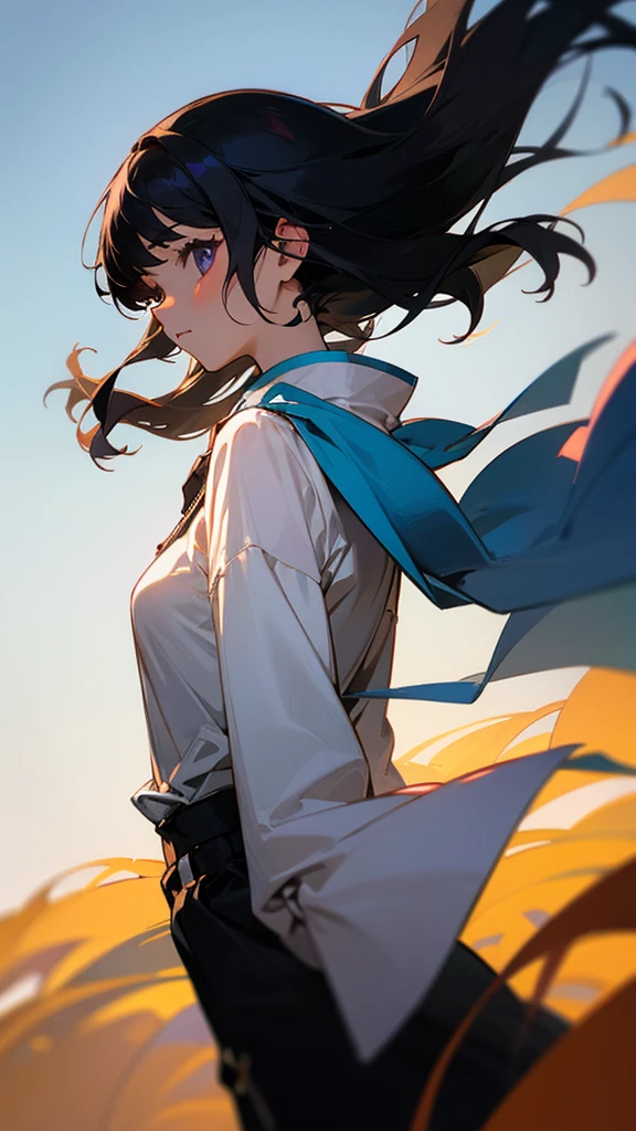 My hair swayed in the wind、A girl with black hair、Facing forward,Looking at me,Shining