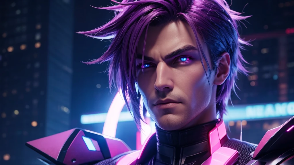 [Ultra-realistic][A super-zoomed front view of a cyberpunk-style handsome man with purple hair and purple eyes. The room is dimly lit, and neon lights are reflected off the figure.