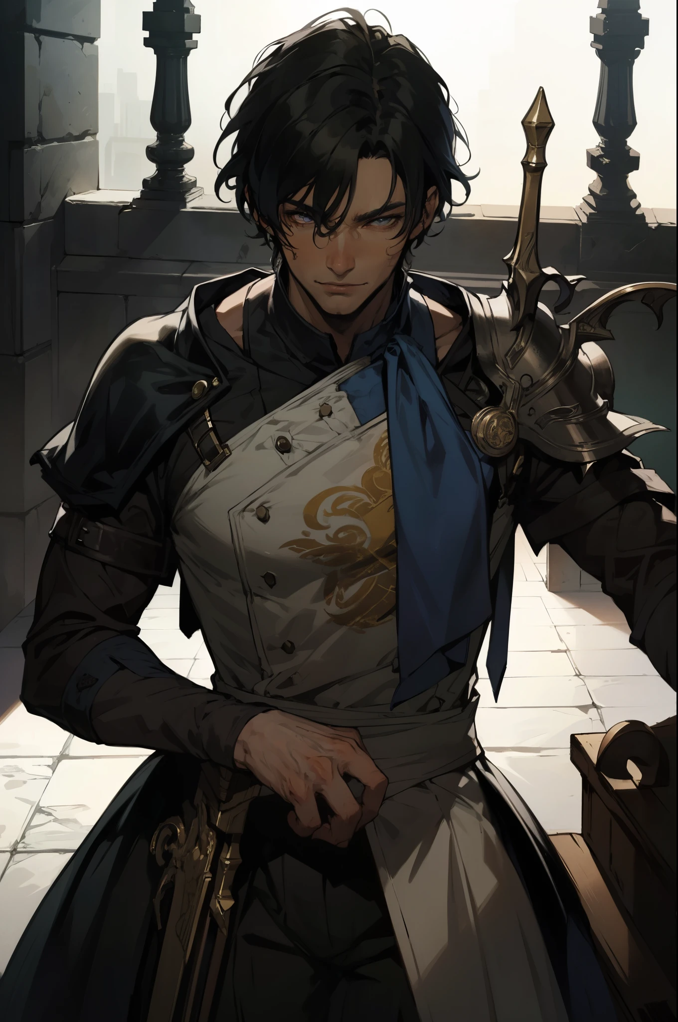 (absurdities, High Resolutions, ultra detailed, HDR), Masterpiece, The best quality, final fantasy xvi, clive rosfield, 1man only, handsome, short hair, black hair, vibrant blue eyes, fine eyes and detailed face, armor, ((Intricate weapon)), Sitting on the throne, legs open, affected smile, annoying.