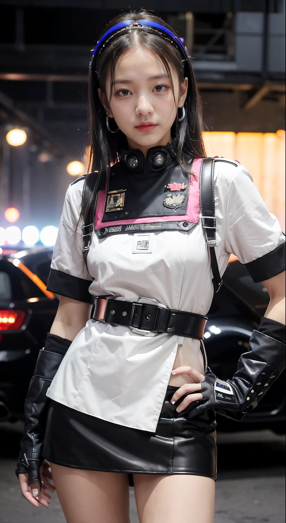 Lisa black pink,(Top Quality, Ultra High Definition, Photorealistic:1.4), (cowboy shot:1), 1 Beautiful Armed Girl, (Kpop Idol), Detailed Face, (Hair Style: long hair blonde:1, fullbang, shortbob-style:1), Contrapposto, Perfect Anatomy, ((wearing Futuristic Police Racing Suits, low-mini-skirt, police wappen, High-tech Headset, military harness, racing gloves, )), (Cloths colors based on silver pink black white), (background, crashed cars, fire, (Explosion)),