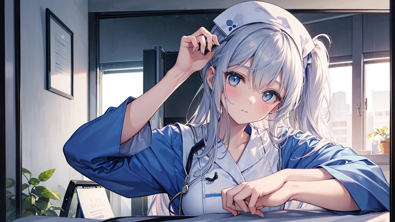 nursing aide,one girl,solo,blue or white scrubs,not wearing a hat or cap, frame it up to the top of the head, The top of my head doesn't come out of the frame,Facing forward.