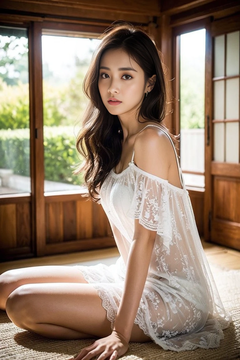 Dark brown hair、Light brown eyes、Japanese actress、 Lady、I am about 40 years old..、(Intricate details:1.2)、(Which one is on top??:1.4)、 (Ultra-high resolution:1.2)、Ultra-high resolution、(Fine-tune)、(Detailed facial features)、Hmph、8k解像度、D cup size breasts、Long Hair、Large windows、Extravagant space、relax、、,Full body photo、Head to toe shot、Beautiful legs、Camisole dress、Beautiful legs、A refreshing room filled with sunlight、she, household items, (plant:0.8), Fashion Hub, Extreme Detail, Very detailed, Realistic, Hourglass-shaped body, Obscene pose,、、私 cry a lot、tears、person on the left、White wall、White floor、diagonally from below、Please lift your chin、Press your butt against the wall、relaxした表情、Pose of Weakness、(auraroid photo:1.2)、From outside the window、Transparent Painting、8k、32K、Highest quality、(Details of both eyes)、1 girl、elegant、(Loose dress :1.4)、sunset、sit、(Low Angle、I look up and see this:1.2)、Hilarious、Leaning against a wall、Looking into the camera、