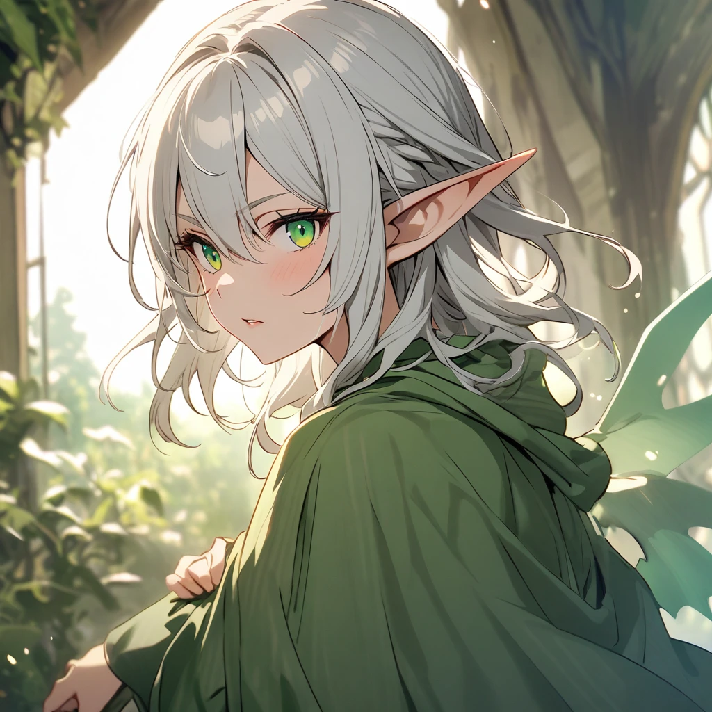 green eyes, white hair,elf ears, elf wings, wears a green robe