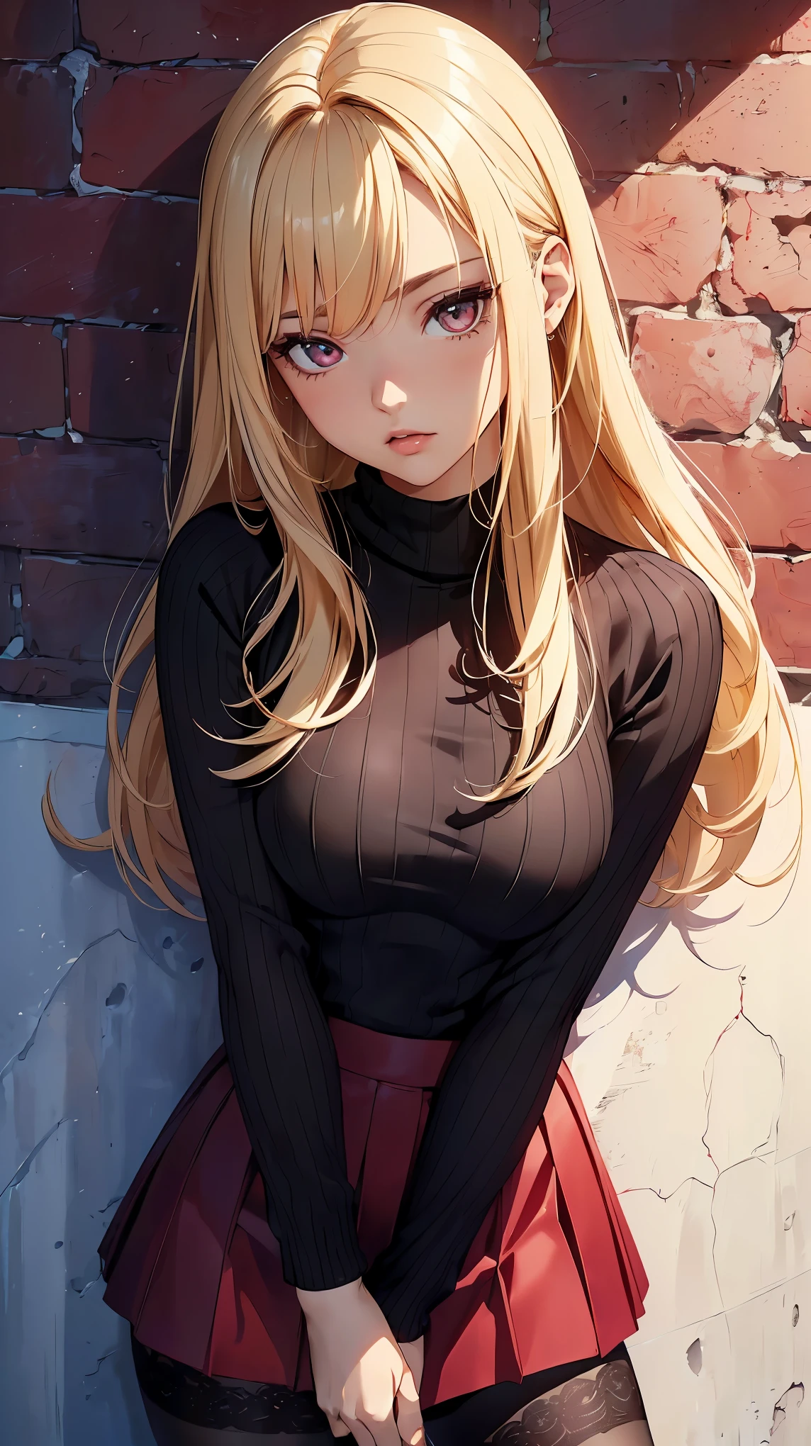 (Highest quality:1.24, Very detailed, Anime Style, Attention to detail, masterpiece:1.2, Highest quality, Best aesthetics), (((1 girl))), JK, Fashion Model, ((Burgundy long knit:1.2, mini skirt, Black net tights)), Open your mouth:1.2, (Blonde, Straight Hair, Cowboy Shot, Front view, Random Pause, Friendly atmosphere, Shiny Hair, Beautiful Skin, Detailed face and eyes, Glossy Lips, Slender body, White wall, Leaning against a wall, Light and shadow with attention to detail, Background Blur.