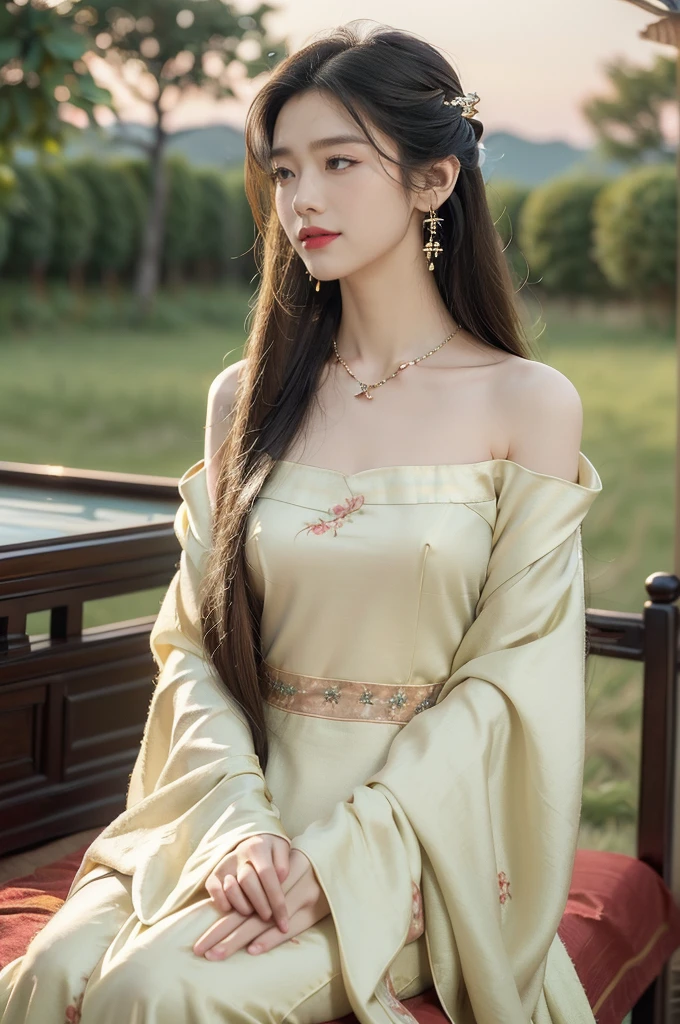 (((best quality))),(((ultra detailed))),(((masterpiece))),illustration,((a serene girl,solo)),(laughing:1.3),((earrings,necklace)),((slim,thin)),((small breasts,flat chest)),(sitting on luxurious bed:1.3),((empty field,outdoor,horizon)),((starry night sky,Milky Way,summer night)),(gorgeous see through red sheer Hanfu dress:1.3),intricate patterns,vibrant colors,delicate face,piercing eyes,fair complexion,radiant glow,(shoulder length straight hair:1.3),rich fabric,embroidered designs,high status,platform elevation,soft cushions,plush blankets,serene ambiance,tranquil surroundings,calm demeanor,vibrant attire,ethereal beauty,wonder and awe,((from front,upper body))