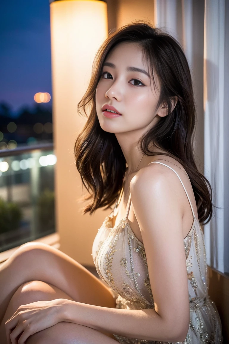 Dark brown hair、Light brown eyes、Japanese actress、 Lady、I am about 40 years old......、(Intricate details:1.2)、(Which is the top??????:1.4)、 (Ultra-high resolution:1.2)、Ultra-high resolution、(fine adjustment)、(Detailed facial features)、Hmph、8k resolution、D cup size breasts、Long Hair、Rooftop Bar、Night view、Extravagant space、relax、、,Full body photo、Head to toe shot、Beautiful legs、Camisole dress、Beautiful legs、she,   Fashion Hub, Attention to detail, Very detailed, Realistic, Hourglass Shaped Body, Obscene pose,、、私 cry a lot、tears、diagonally from below、、relaxした表情、Pose of Weakness、(auraroid photo:1.2)、From outside the window、A masterpiece of transparent painting、8k、32K、Highest quality、(Details of both eyes)、1 girl、elegant、(Loose dress :1.4)、Night view。(Low Angle、Look up and look at me:1.2)、Hilarious、Looking into the camera、