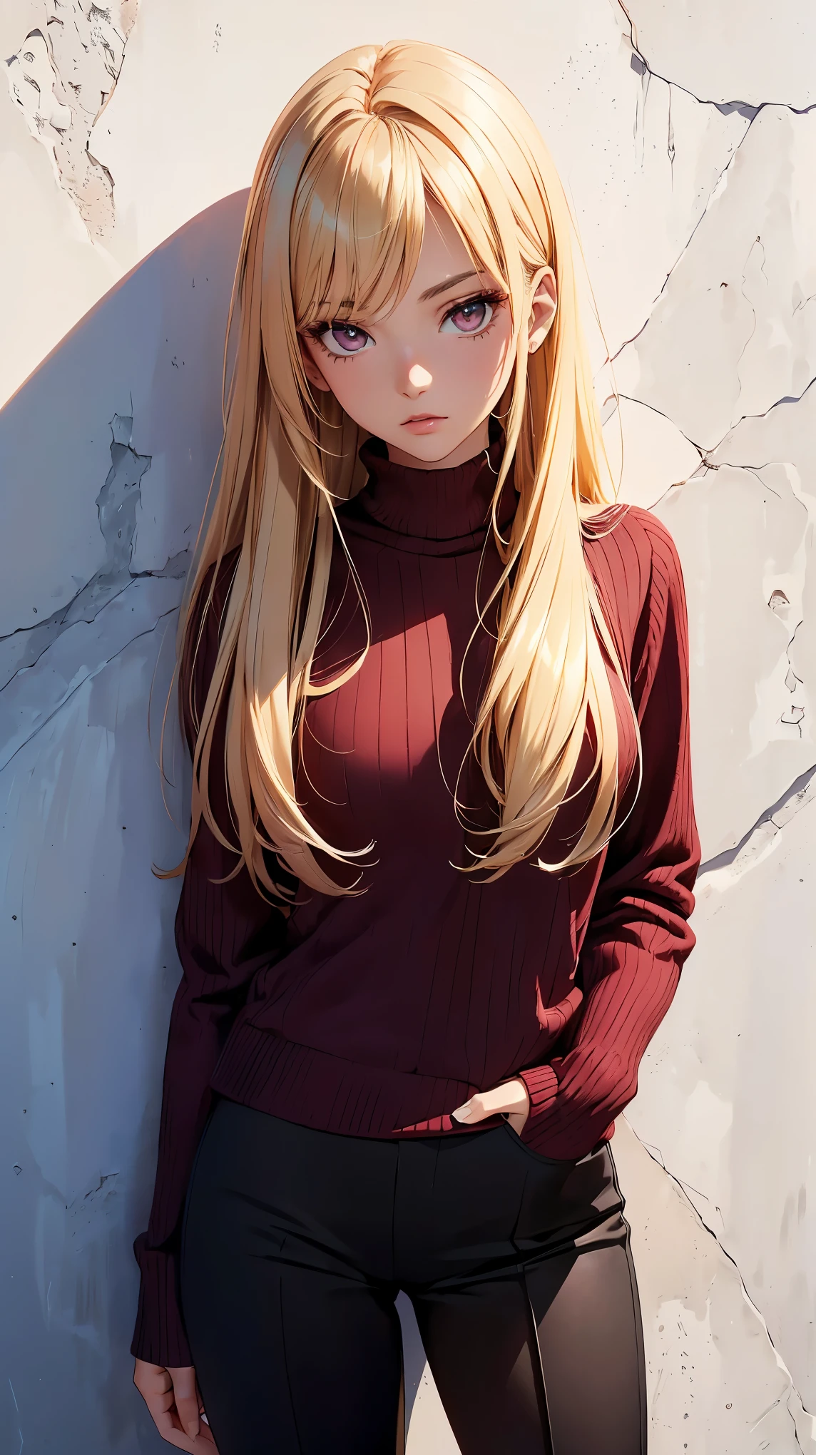 (Highest quality:1.24, Very detailed, Anime Style, Attention to detail, masterpiece:1.2, Highest quality, Best aesthetics), (((1 girl))), JK, Fashion Model, ((Burgundy long knit:1.2, Black pants style)), Open your mouth:1.2, (Blonde, Straight Hair, Cowboy Shot, Front view, Random Pause, Friendly atmosphere, Shiny Hair, Beautiful Skin, Detailed face and eyes, Glossy Lips, Slender body, White wall, Leaning against a wall, Light and shadow with attention to detail, Background Blur.
