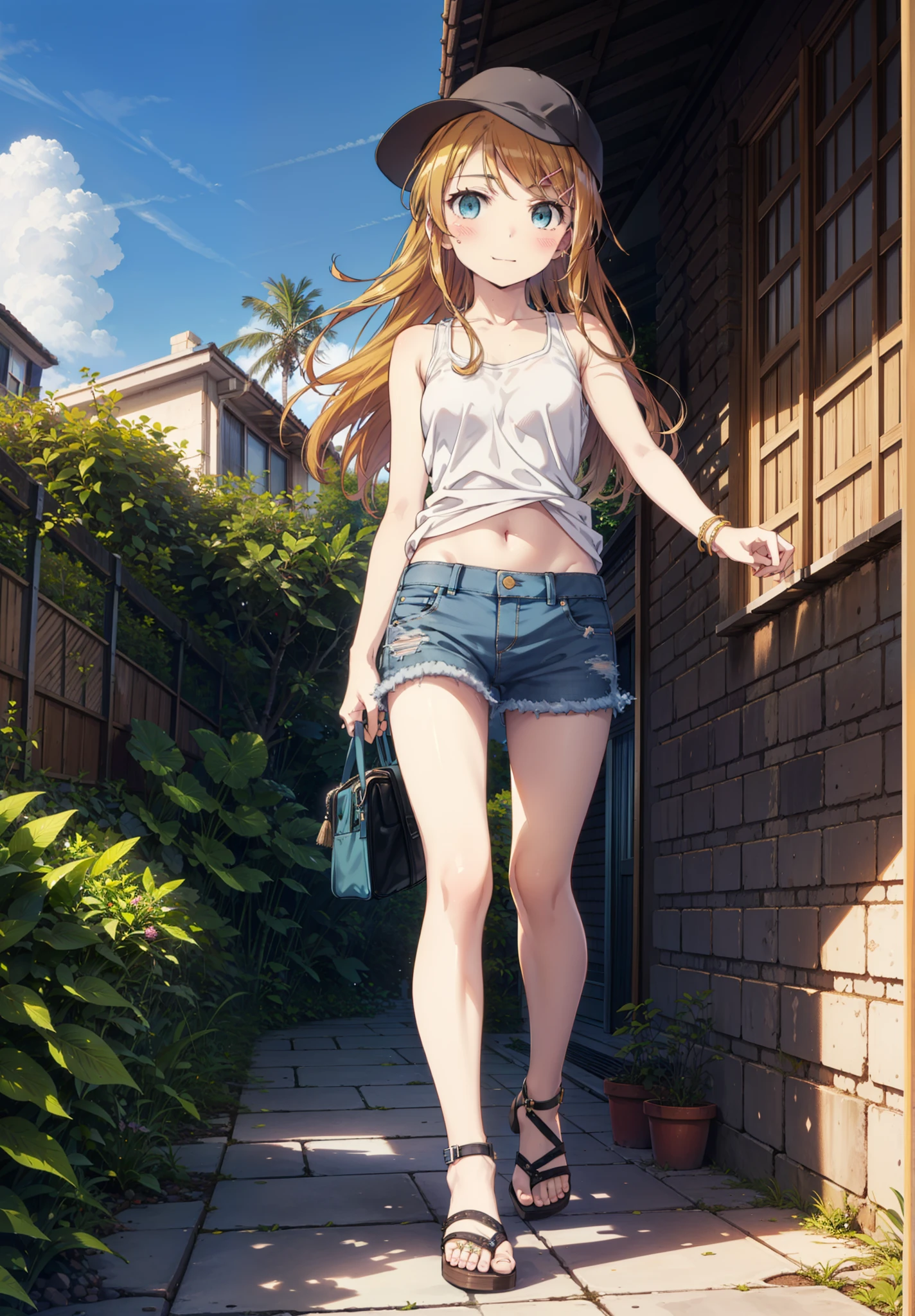 kirinokousaka, kirino kousaka, Long Hair, blue eyes, hair ornaments, Hair Clip, Orange Hair, Aqua Eye,Baseball hats,Tank top,Short denim,Heeled Sandals,True Summer,Clear skies,Daytime,Walking,smile,blush,Palm tree,whole bodyがイラストに入るように,
break indoors, tropical,Building district,
break looking at viewer, whole body, 
break (masterpiece:1.2), Highest quality, High resolution, unity 8k wallpaper, (figure:0.8), (Beautiful attention to detail:1.6), Highly detailed face, Perfect lighting, Highly detailed CG, (Perfect hands, Perfect Anatomy),