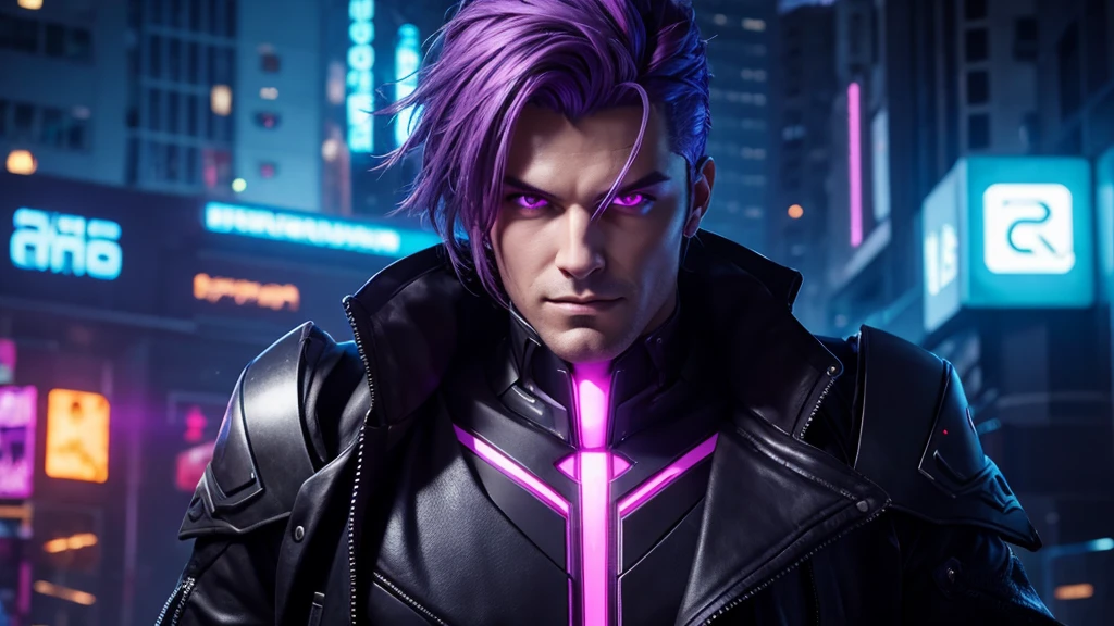 [Ultra-realistic][A super-zoomed, front-on image of a cyberpunk-style handsome man with purple hair and purple eyes. The room is dimly lit, and neon lights are reflected off the figure.