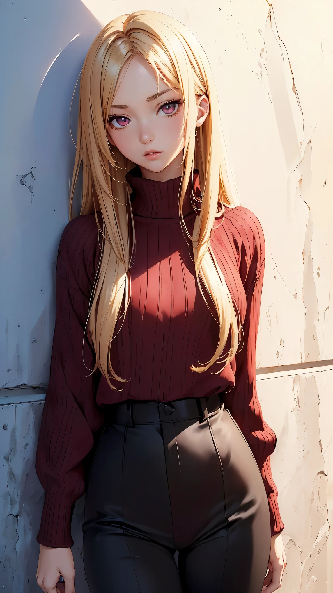 (Highest quality:1.24, Very detailed, Anime Style, Attention to detail, masterpiece:1.2, Highest quality, Best aesthetics), (((1 girl))), JK, Fashion Model, ((Burgundy long knit:1.2, Black pants style)), Open your mouth:1.2, (Blonde, Straight Hair, Cowboy Shot, Front view, Random Pause, Friendly atmosphere, Shiny Hair, Beautiful Skin, Detailed face and eyes, Glossy Lips, Slender body, White wall, Leaning against a wall, Light and shadow with attention to detail, Background Blur.