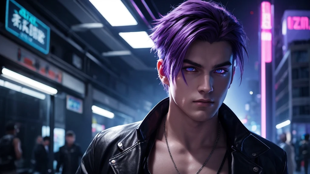 [Ultra-Realistic][Cyberpunk-style ultra-zoomed front view of a young, handsome man with purple hair and purple eyes. The room is dimly lit, with neon lights reflecting off the figure.