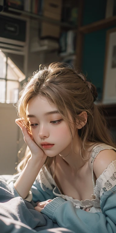 (masterpiece: 1.2, Portraiture, Highest quality), Realistic, (Live Action, Intricate details, Written boundary depth), Highest quality, masterpiece, Attention to detail, semi-Realistic, sleeping in bed, shy, 21 years old, Short Blonde, blue eyes, pajamas, Slim figure、Canopy bed、 sleeping beauty,