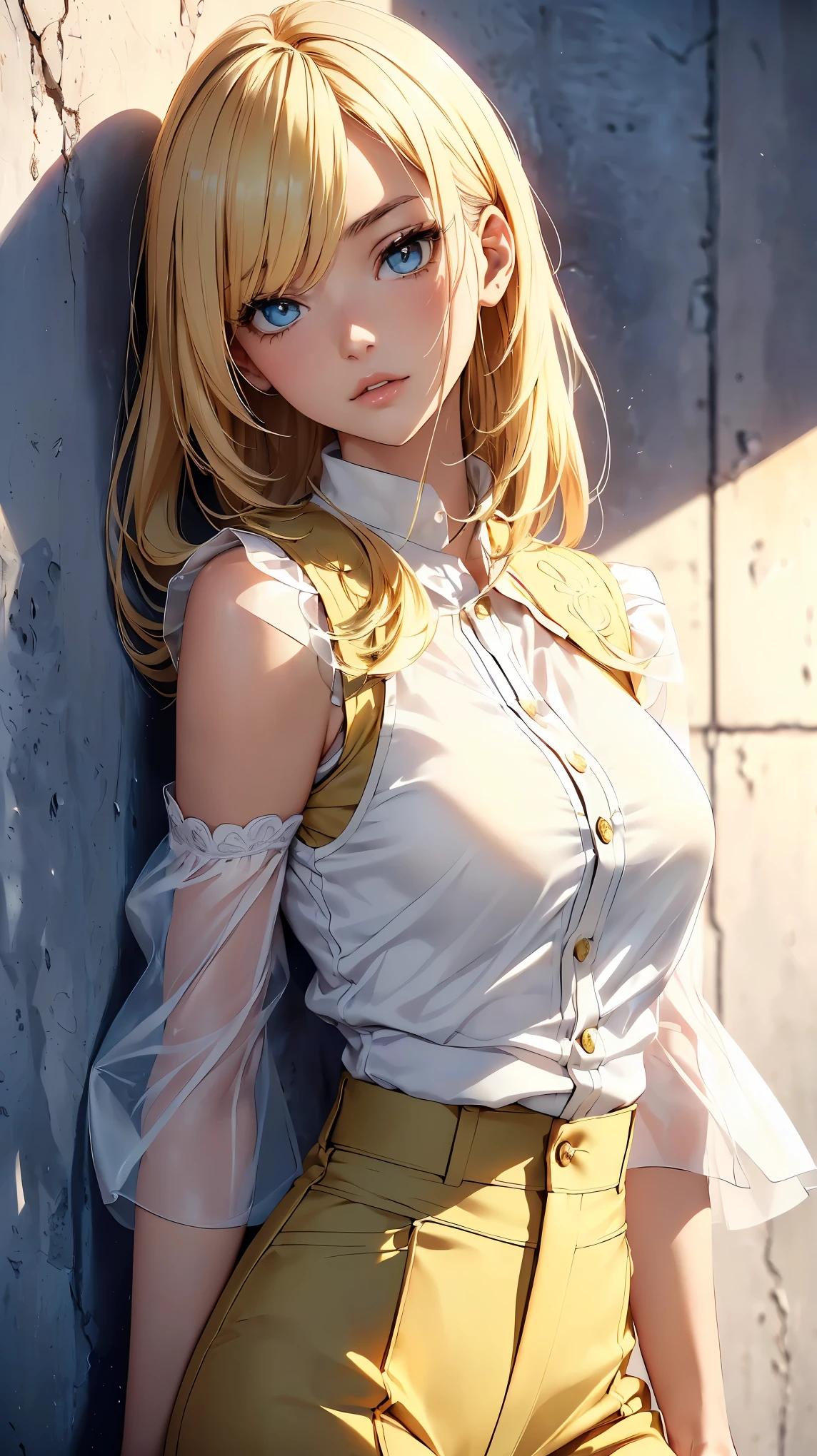(Highest quality:1.24, Very detailed, Anime Style, Attention to detail, masterpiece:1.2, Highest quality, Best aesthetics), (((1 girl))), JK, Fashion Model, ((White shirt, Yellow Gilet:1.2, Slender pants style, Sheer sleeves)), Open your mouth:1.2, (Blonde, Straight Hair, Cowboy Shot, Front view, Random Pause, Friendly atmosphere, Shiny Hair, Beautiful Skin, Detailed face and eyes, Glossy Lips, Slender body, White wall, Leaning against a wall, Light and shadow with attention to detail, Background Blur.