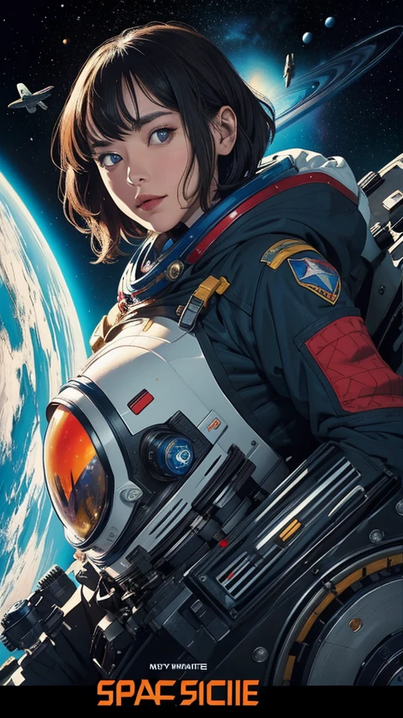 ((masterpiece, Highest quality)), 32K Wallpapers, Very detailed, Poster, Vintage science fiction, 1960s,(((space thriller cinematic movie Poster))), (Bauhaus), shape,Abstract, Midcentury Modern, movie Poster, Vintage, Perfect Lady,anime,1970s,Halftone,Speech bubble,Milky Way,(Superhero),((portfolio,close)),future,mechanical,