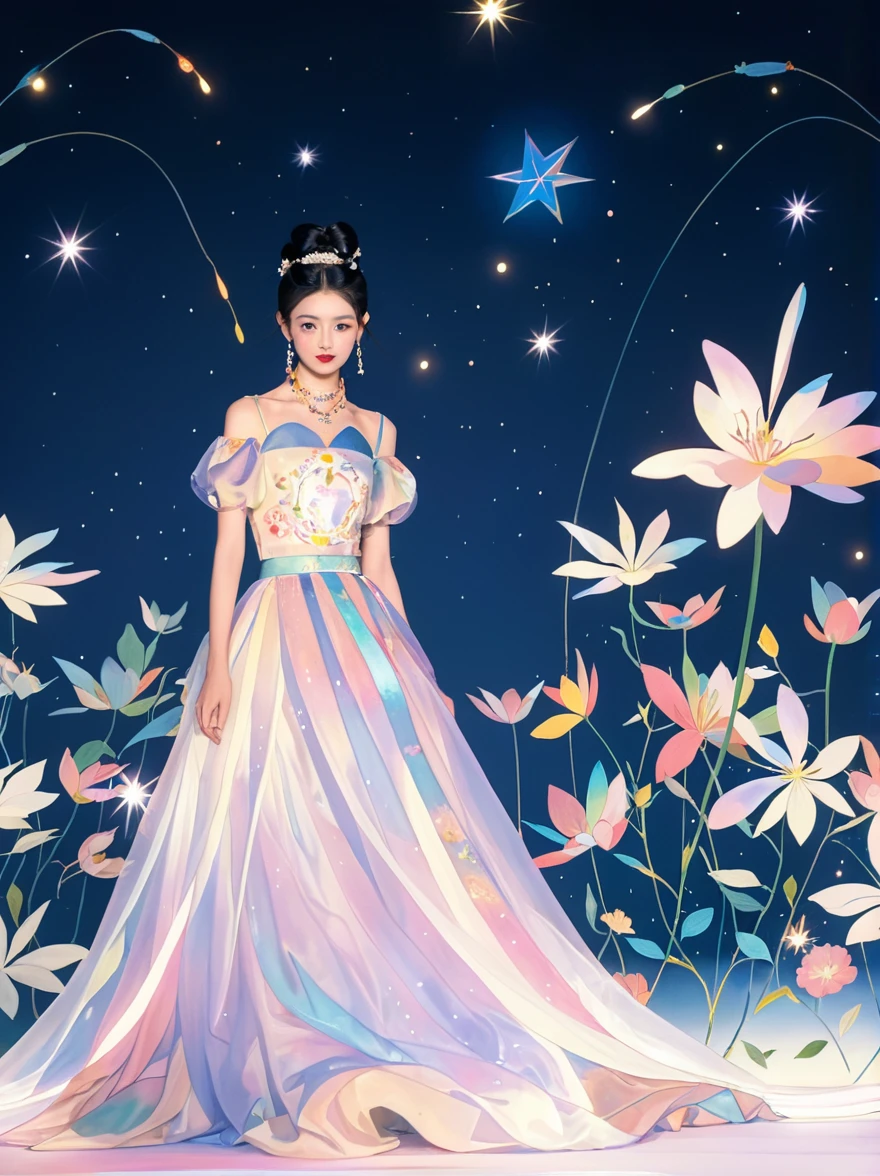 by Julien Arnal,Abstract Pictorial,Cartoon illustration,Sequins,Ambilight,Healing gouache,Starry Sky,Dark night shimmer,Youth Manga,Bright tones,gorgeous,Beautiful illustrations,Morandi color tone,Beautiful model catwalk,Performing dance steps。Wearing Ming Dynasty Hanfu,玫瑰Long skirt,Princess dress,gorgeous复古宫廷风格连衣裙,Long skirt,超Long skirt,- Wide hem,Long skirt下摆接近地面,The style is a high-end dress from the Hanfu Fashion Week,Haute couture,Private custom,Fashion show model,Big show,Tulle accessories on skirt。Necklace on the neck,short hair,Hair up,Headdress,big eyes,It's beautiful,((There was only one female model on the catwalk)),Men and women make up a large part of,The runway is covered with flowers,Background covered with flowers,Female model with a smile on her face,Standing,Elegant and dignified posture,8k,Ultra HD,masterpiece,precise,Textured Skin,High Detail,Best quality,Awards,Long Shot,Sense of distance,(Vector illustration:1.5)