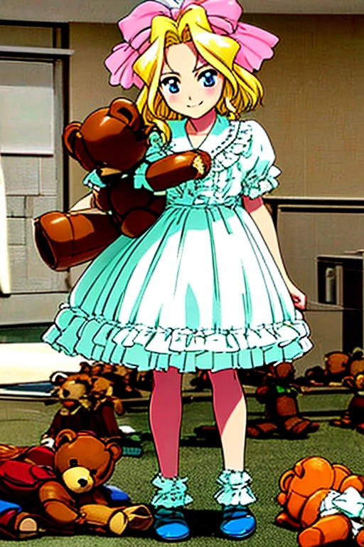 IrisChateaubriand、Blonde、Ribbon on head、(((Swimwear)))、smile、(((I have a stuffed bear)))、Private room、Long Hair