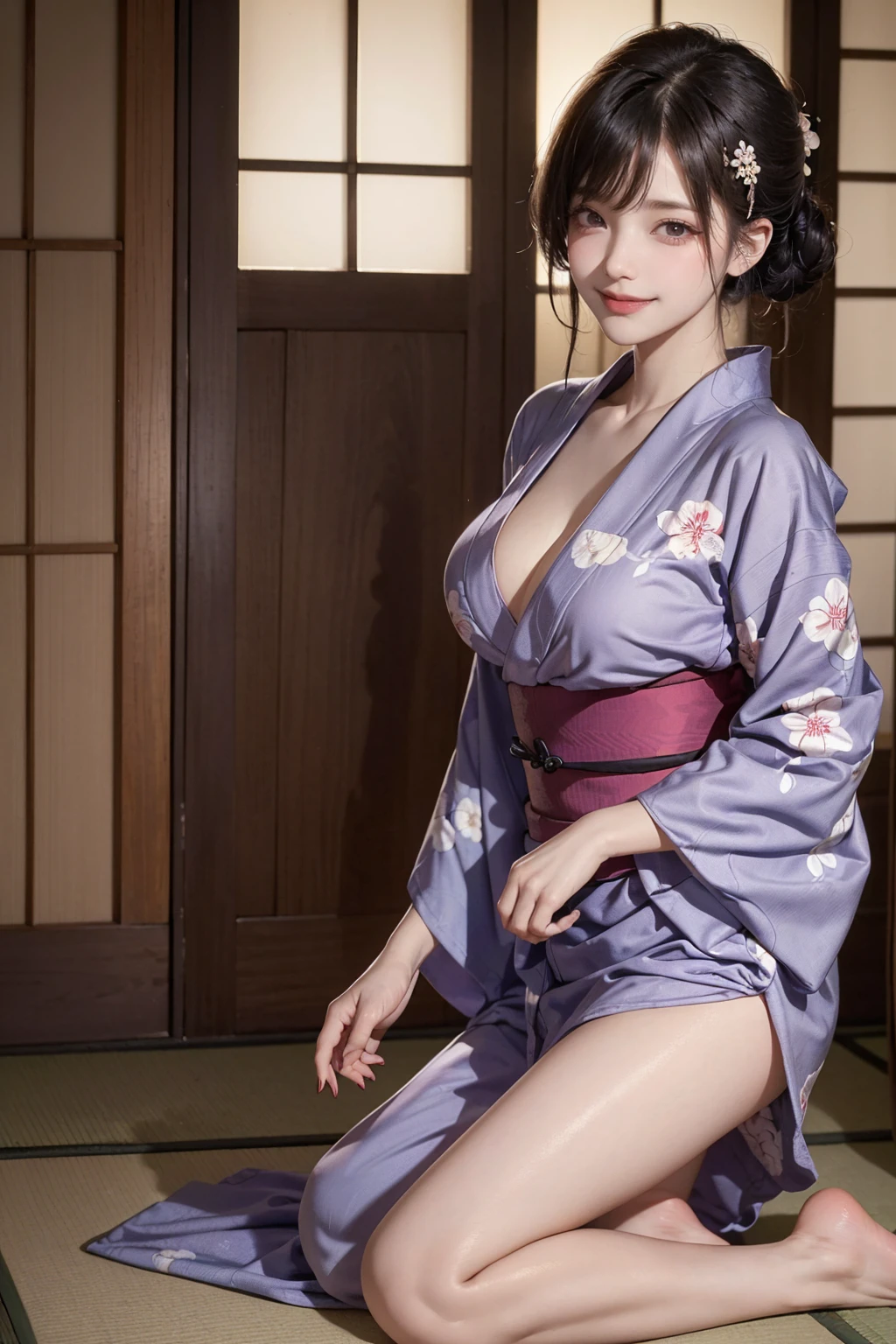 ((16K)),(masterpiece:1.3, Highest quality, Ultra-high resolution, Super detailed), (Realistic, photoRealistic:1.4),((nsfw:0.6)), Perfect lighting, Depth of written boundary, Browsing Caution, Surrealism,Face Light,(( large breasts)),Beautiful detailed hair,((Beautiful eyelashes)), Beautifully detailed face, Beautiful fine details, Beautiful body, thin脚,Beautiful feet, ((Detailed nails)), ((Beautiful fingers)), thin, 1 girl, 23 years old,Perfect Face, Long eyelashes,Perfect Anatomy, Supermodel with a long neck,((Skinny1.2)),(Perfect Anatomy,Anatomically correct, Highly detailed skin), ((beautiful girl:1.1)),(Mid-length hair:1.4, Wavy Hair:1.2, Black Hair) ,((With bangs)),Dainty facial structure,((Smiling happily:1.3)),((Walking:1.1)),((Seductive pose)),((facing viewer)),((wearing very elaborate (Light purple) yukata with traditional Japanese floral patterns:1.2)),((The yukata is short in length)), showcasing its vibrant and intricate design, Generate an image of a traditional Japanese inn (ryokan) room with a view of the night cityscape through the window. The room should have a bed and be decorated in a luxurious and elegant style, featuring traditional Japanese elements such as tatami mats, shoji screens, and intricate wooden details. The night view outside the window should include sparkling city lights and possibly a serene garden,((wide shot:1.5)),((From the side:1.2))