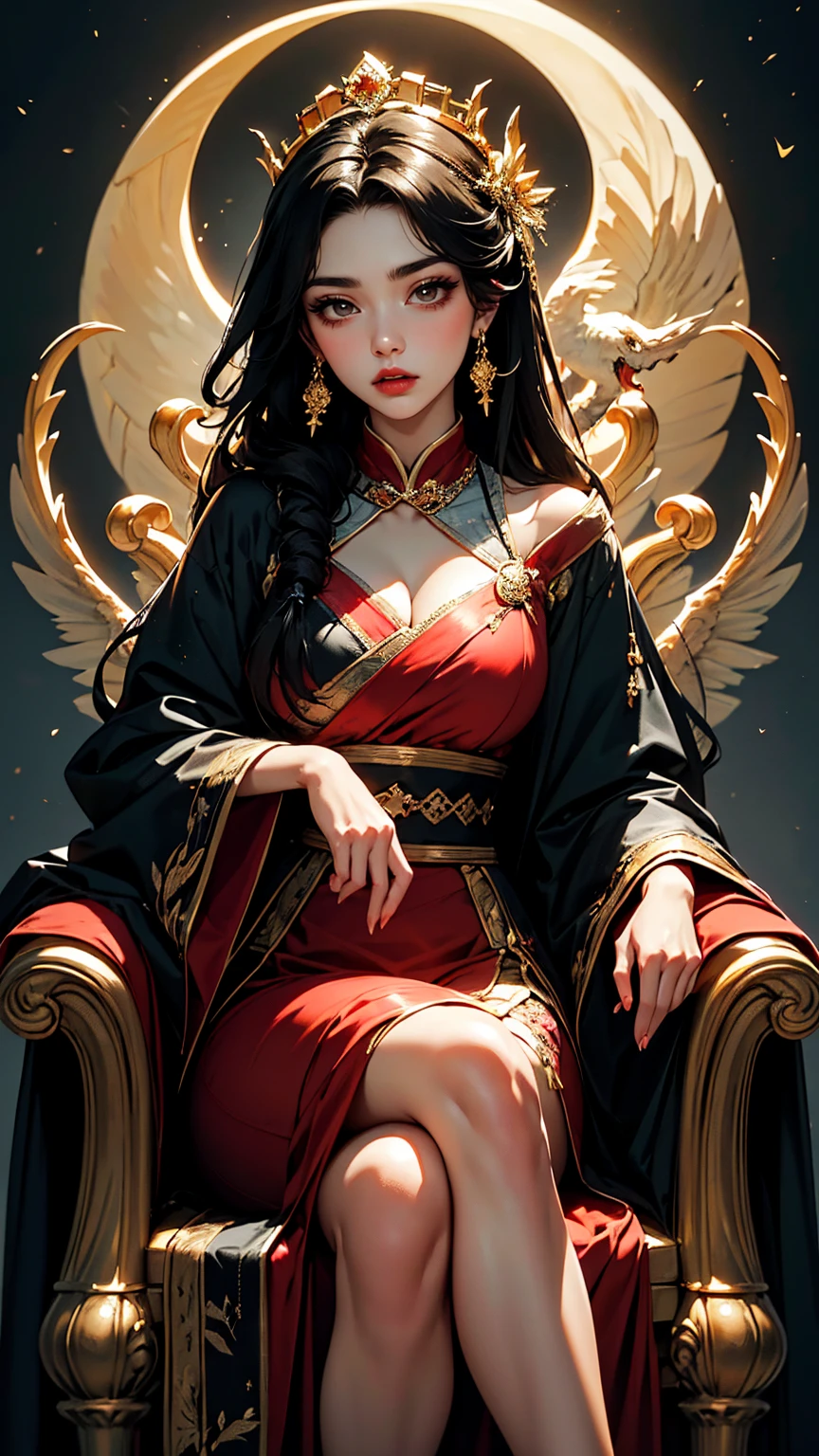{
  "prompt": "Empress Xian Li, the Eternal Crescent, a highly detailed illustration in a 4K resolution. She is depicted with fair, flawless skin and long, straight raven-black hair styled in an intricate updo adorned with an elaborate crown made of gold and precious jewels. Her piercing cold gray eyes and deep red lips provide a stark contrast to her pale complexion. Xian Li wears resplendent imperial robes made from the finest silks, in shades of deep red, black, and gold, with intricate embroidery and delicate lace. The robes feature symbols of the crescent moon, dragons, and phoenixes. The background includes elements of the imperial palace, with grand pillars, opulent tapestries, and a majestic throne, emphasizing her divine authority and the grandeur of her reign. She has a serene and emotionless expression, highlighting her royal status and ethereal beauty.",
  "size": "1024x1792"
}

