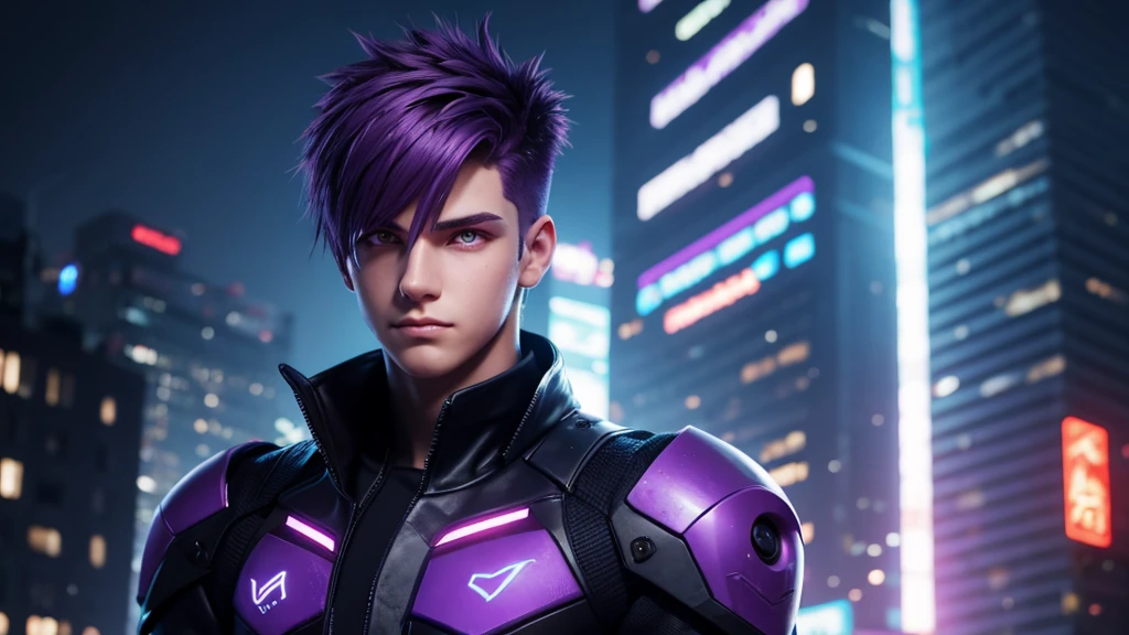 [Ultra-realistic][A super-zoomed, front-on image of a handsome boy of about 17 years old with cyberpunk-style purple hair and purple eyes. The room is dimly lit, and neon lights are reflected off the figure.