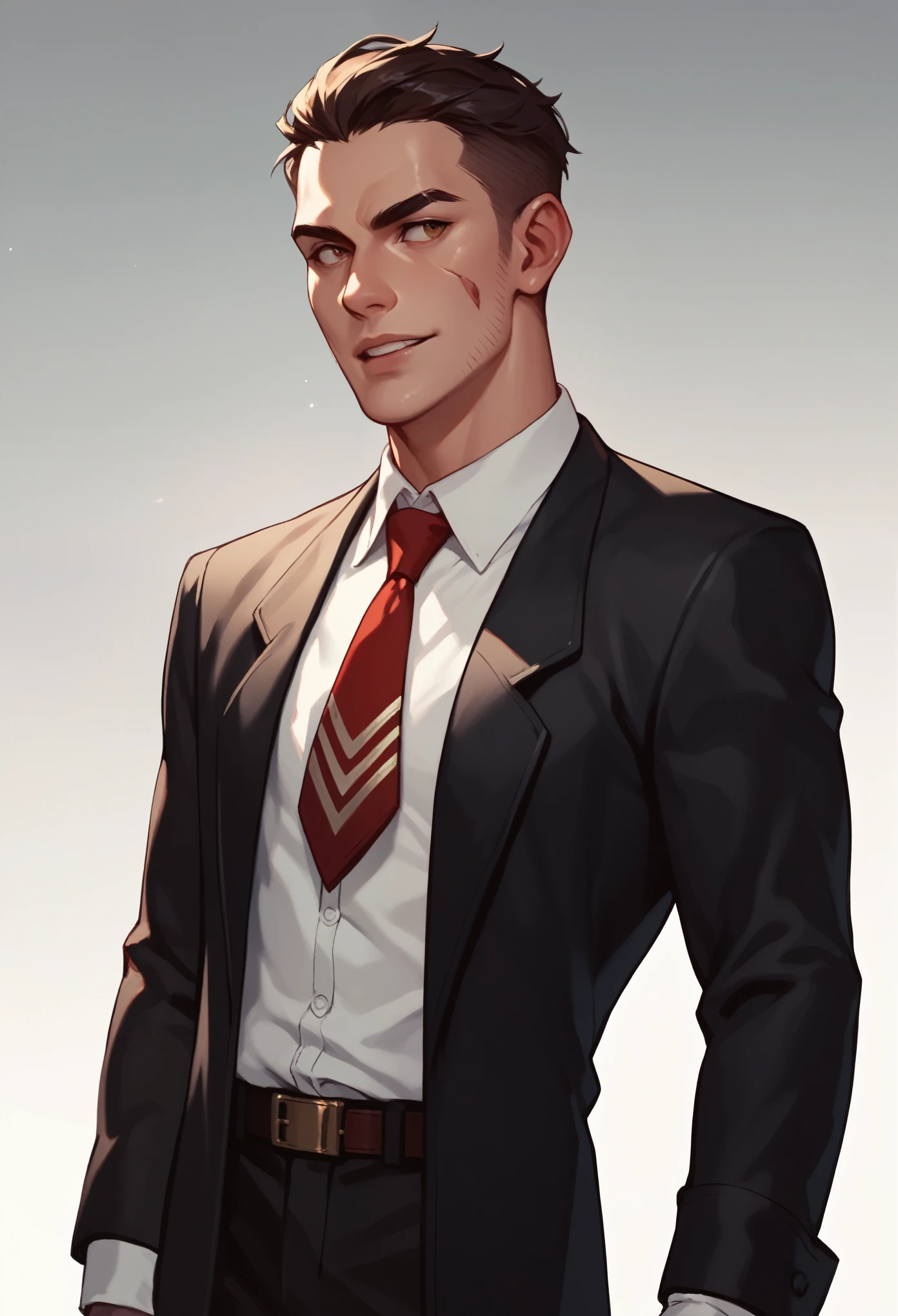1 guy, Monster Guy, gradient, colored leather, waist-length portrait,  emotion of confidence on the face , ((suit)) 
