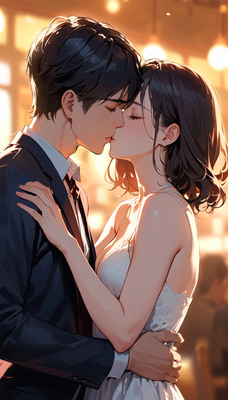 super detail, best quality, Young men and women,Kissing Scene,Embrace each other, A scene from a movie,Blurred background