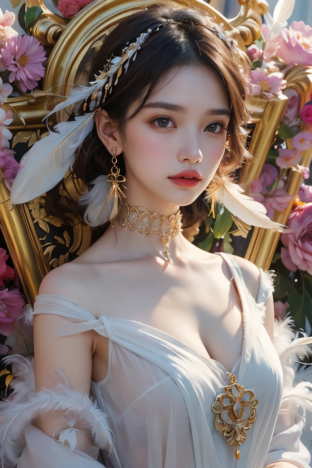 ,(Fashion Model)、Natural standing posture、bust、Beautiful Face、Beautiful hairstyle、short hair, Exposing shoulders、beautiful goddess,softly illuminated、colored feather, Very detailed, Translucent clothing,Standing in the space between celestial bodies,Sparkly dots、Ethereal、 (Earrings: 1.4), (feather: 1.4)、(Fractal Art: 1.1), (colorful: 1.1) (Flowers: 1.3), (metal ornaments)、 (masterpiece, Highest quality)、