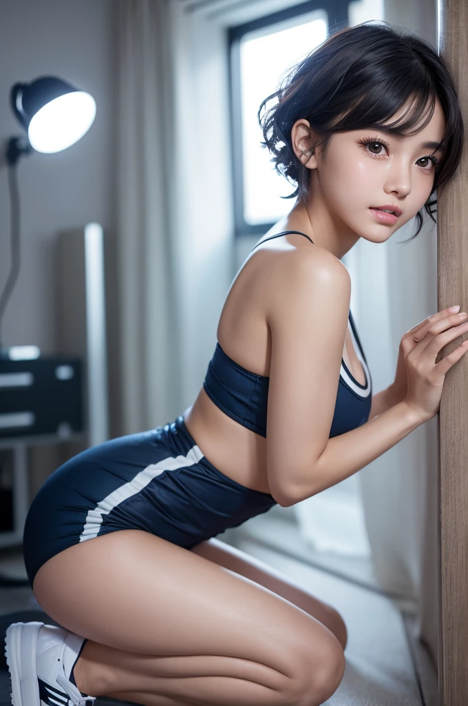 photorealistic,(Masterpiece, BestQuality:1.2), (hyperrealistic:1.1), (8k,Photorealistic:1.45), (realistic:1.4),(japanese cute) at studio,tokyo,BREAK (13yo,tween,detailed face,(darkblue wavy-short hair),eyebrows,eyes with large irises,small breasts,small nose, fresh lips,beautiful detailed teeth,shiny skin,short hight),joy,BREAK (tight white tube-top,hot-pants,sneaker),beautiful lighting, volumetric lighting, dynamic angle, (photographic portrait), sharp,(Pouting lips, curvy figure,)