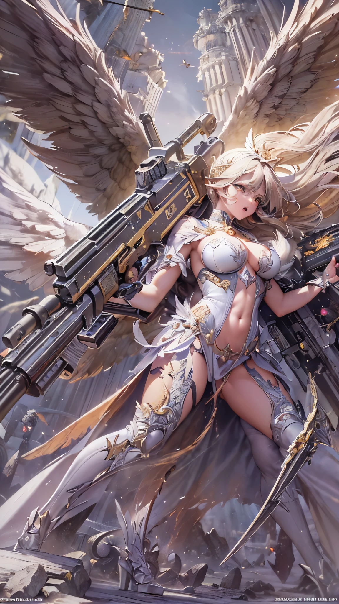 ((Highest quality)),(Ultra-high resolution),(Super detailed),(Detailed Description),((The best CG)),(masterpiece),Highly detailed art,(Fantasy art with intricate detail:1.5), ((Female Angel of Destruction:1.7)),(Big angel wings:1.8),(((A Gatling gun firing wildly:1.6))),(Trigger Happy:1.7),(no difference:1.6), (A world being destroyed:1.7),(flying dust:1.6),