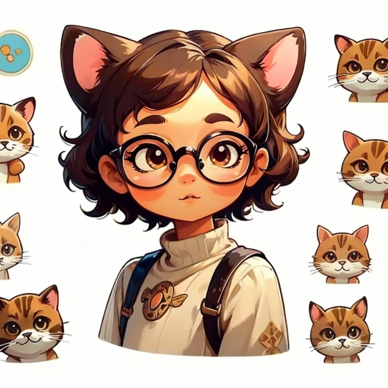 ((stickers)), masterpiece, Beautiful, (portrait), ,round image with an ornate ring frame, 1 chubby brown-eyed girl wearing glasses with lenses, simple background, very tousled brown shaggy short hair, high-collar sweater, brown cat ears