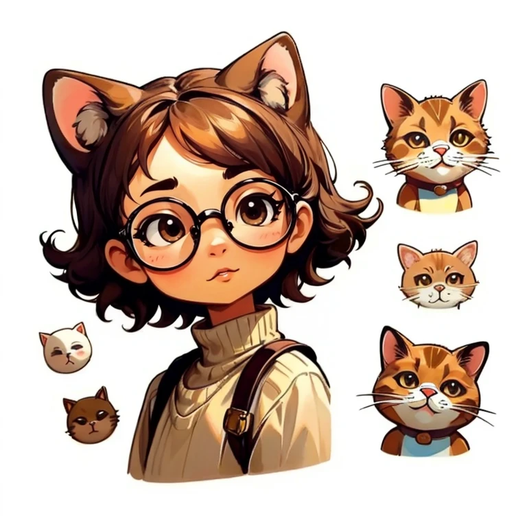 ((stickers)), masterpiece, Beautiful, (portrait), ,round image with an ornate ring frame, 1 chubby brown-eyed girl wearing glasses with lenses, simple background, very tousled brown shaggy short hair, high-collar sweater, brown cat ears