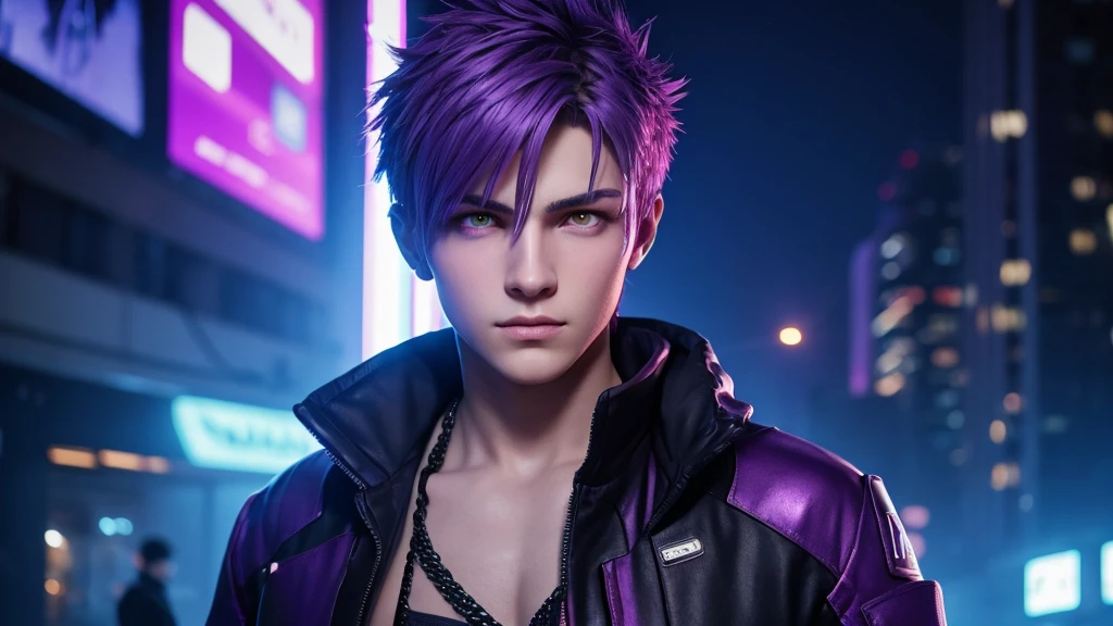[Ultra-realistic][Cyberpunk] A super-zoomed front view of a handsome boy of about  with purple hair and purple eyes. The room is dimly lit, and neon lights are reflected off the figure.