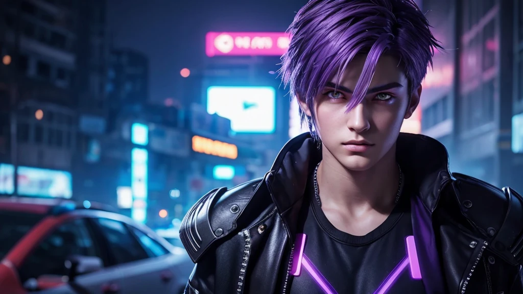 [Ultra-realistic][Cyberpunk] A super-zoomed front view of a handsome boy of about 17 years old with purple hair and purple eyes. The room is dimly lit, and neon lights are reflected off the figure.