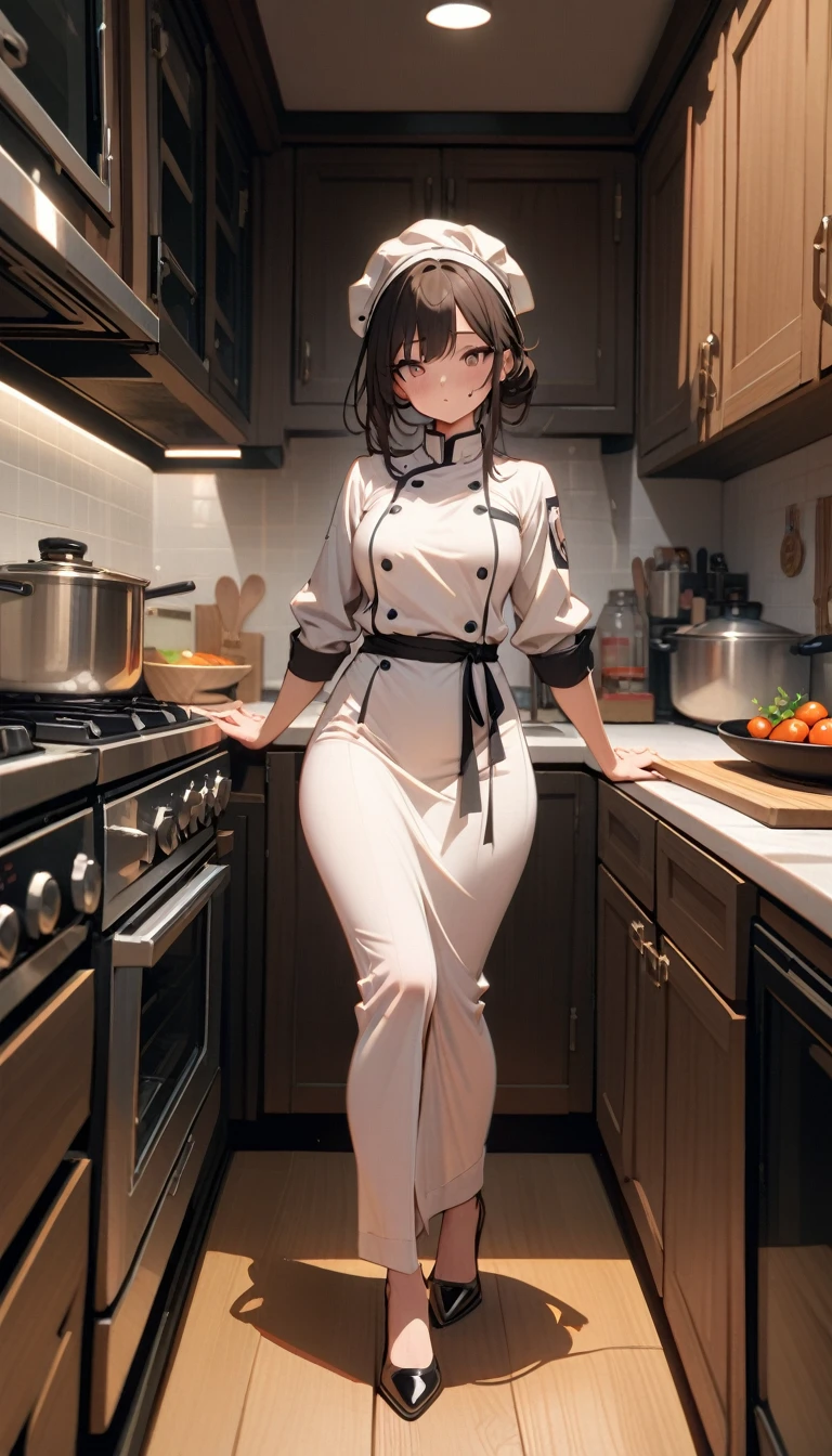 ((best quality)) , ((masterpiece)) , (detailed)，1 female，(((钢铁侠主题kitchen)))，kitchen，Female chef，High heel，((whole body))
