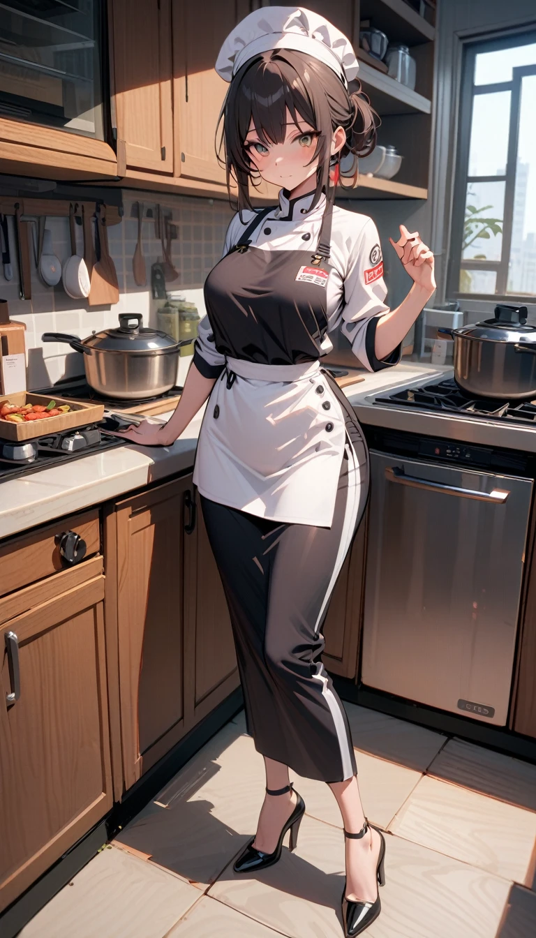 ((best quality)) , ((masterpiece)) , (detailed),1 female,(((钢铁侠主题kitchen))),kitchen,Female chef,High heel,((whole body))