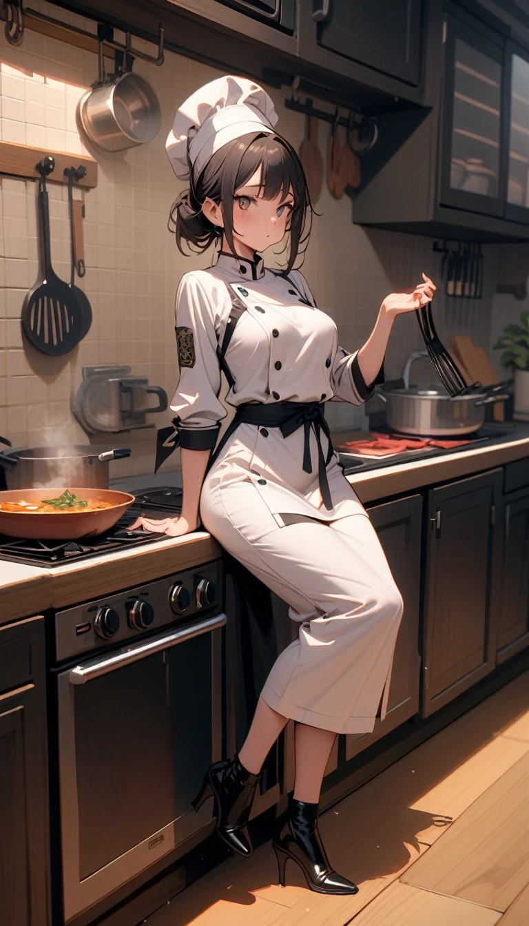 ((best quality)) , ((masterpiece)) , (detailed),1 female,(((钢铁侠主题kitchen))),kitchen,Female chef,High heel,((whole body))