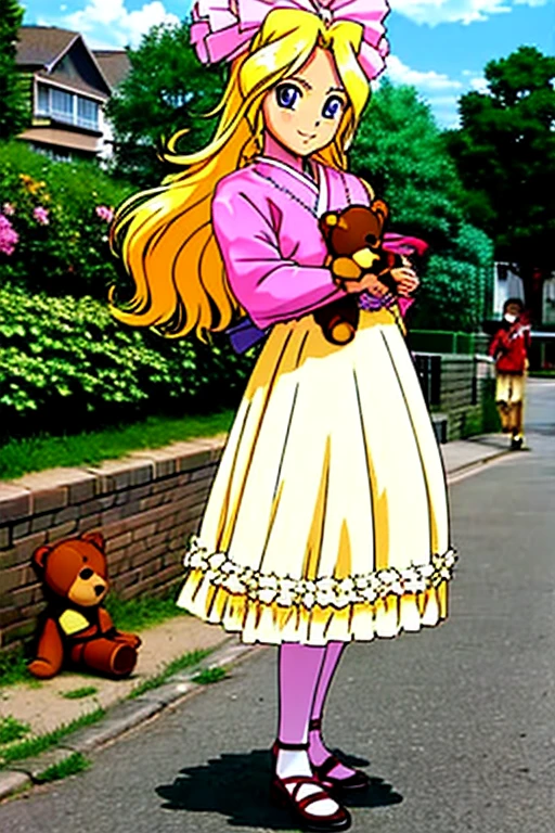 IrisChateaubriand、Blonde、Ribbon on head、(((kimono)))、smile、(((I have a stuffed bear)))、Private room、Long Hair