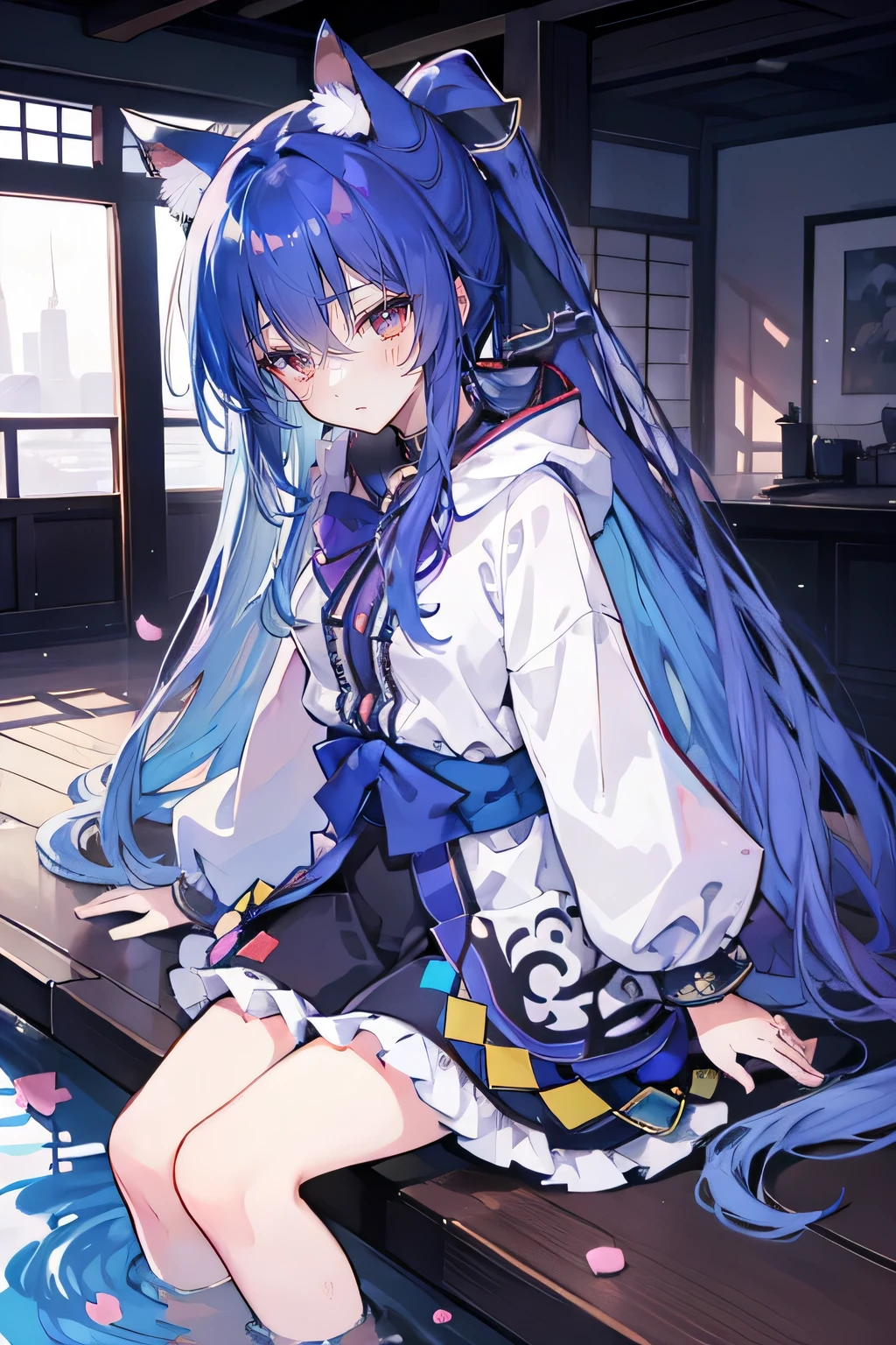 (masterpiece:1.2),Super detailed,lifelike,Expressive eyes,fair skin,perfect face shape,1 girl,
Japanese comics,Gorgeous blue hair,flowing blue hair,flowing clothes,Cat ears,Petals fall,beautiful lola,Baby Angel,
Shaking head with one hand,Cross your legs,Gentle and peaceful background,The pavilion is cool and comfortable,smile, wearing hoodie, background of tokyo,back views,snowing, winter,lie on the water. (Best Quality: 1.3), (Masterpiece: 1.3), (Illustration: 1.3), (Ultra Detailed: 1.3), (Imide Lens: 0.9), 1girl, Medium Breasts, Purple Eyes, ((Dark Blue Hair) ), hair accessories, young, clothing-gladiia, indoors, black shorts, high socks, low ponytail, expressionless, upper body, close-up, coat, skirt,