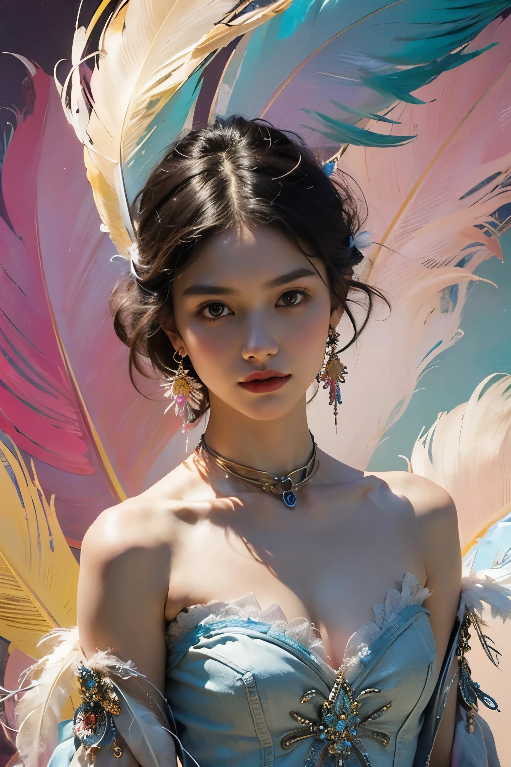(Fashion Model)、Natural standing posture、bust、Beautiful Face、Beautiful hairstyle、short hair, Small breasts, Exposing shoulders, particle, Light, (masterpiece, Highest quality, Official Art, beautifully、aesthetic: 1.2), Very detailed, (Fractal Art: 1.1), (colorful: 1.1) (Flowers: 1.3), Best details, (Tangled: 1.2), (Dynamic pose), (Abstract background: 1.3) , (Glowing Skin), (Many colors: 1.4), (Earrings: 1.4), (feather: 1.4)