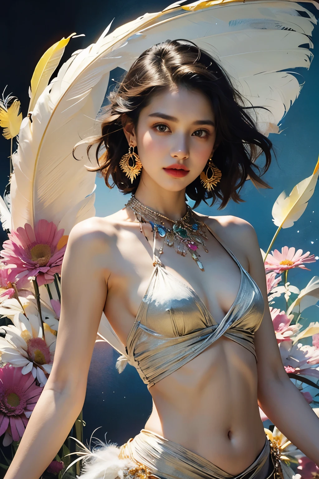(Fashion Model)、Natural standing posture、bust、Beautiful Face、Beautiful hairstyle、short hair, Small breasts, Exposing shoulders, particle, Light, (masterpiece, Highest quality, Official Art, beautifully、aesthetic: 1.2), Very detailed, (Fractal Art: 1.1), (colorful: 1.1) (Flowers: 1.3), Best details, (Tangled: 1.2), (Dynamic pose), (Abstract background: 1.3) , (Glowing Skin), (Many colors: 1.4), (Earrings: 1.4), (feather: 1.4)