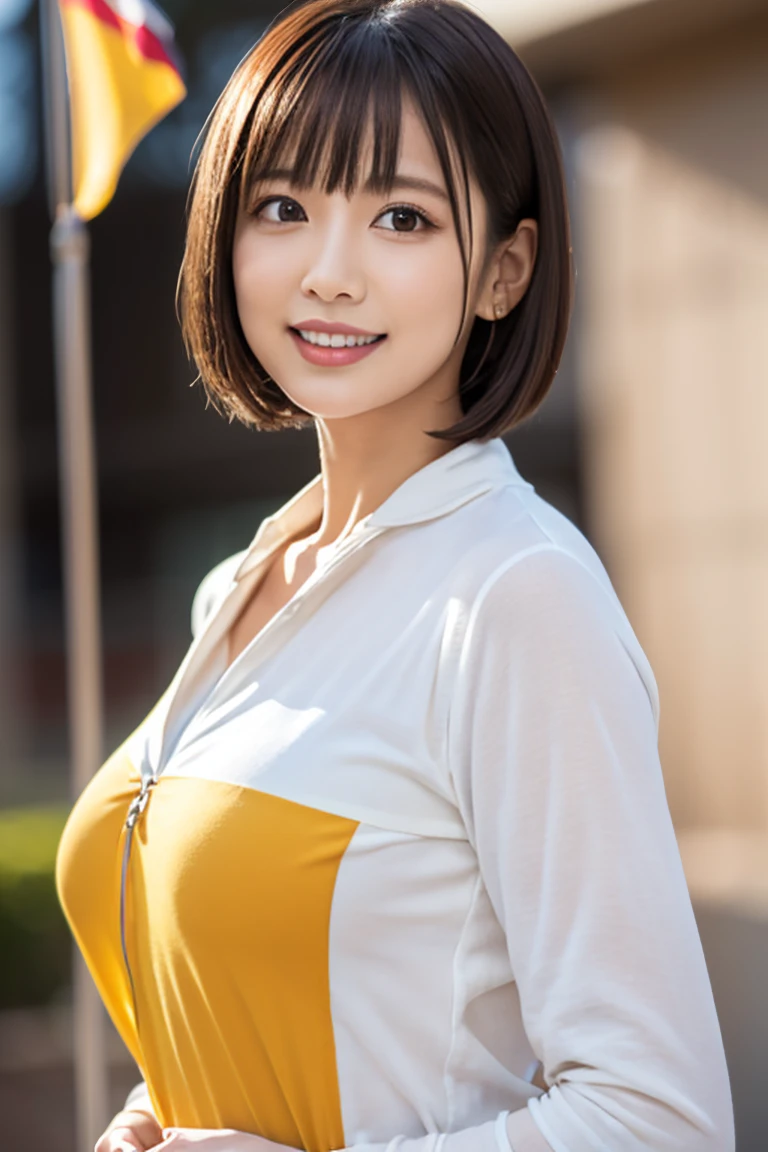 masterpiece）、(Highest quality:1.5)、(Photorealistic:1.2)、(Surreal), (High resolution), (Realistic), (Post-processing),(Sharp focus), Sharp focus:1.2,Backlight, (Improvement of quality:1.4), (Narrow waist)、((Perfectly detailed five-fingered hands)),（Anatomically correct body）、((1 female:1.4))、Japanese、Realistic Skin、（Small chest：1.4）、Bust size is A cup、A pretty woman with a slender figure:1.4,(from the front:1.5), (Enhances the beauty of skin texture:1.1),No makeup、美しいBlack Hair、smile、Natural color lip、(Small Mouth:1.4)、The mouth is not open、Thick lips、(Oval Face)、Even bangs、Hide eyebrows with bangs、((33-year-old woman))、Bob Hair、Hair blowing in the wind, (Black Hair, Iris, Watery eyes, Shining Eyes, Bob cut hair,), Hair behind the ear、No makeup、(Drooping eyes)、(((One lovely woman)),((優しい大きなsmile)),(( Small breasts,Small breastsの谷間)),((((Plump Cheeks)))),very cute,(Baby Face),Raccoon face,Wear a white sports winter jersey suit、Arena、Hair is wet、((whole body))、Stand on tiptoes、Put a gold medal around your neck and bite it、((The national flag is the Hinomaru flag：1.5))、