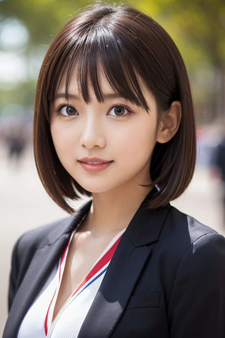 masterpiece）、(Highest quality:1.5)、(Photorealistic:1.2)、(Surreal), (High resolution), (Realistic), (Post-processing),(Sharp focus), Sharp focus:1.2,Backlight, (Improvement of quality:1.4), (Narrow waist)、((Perfectly detailed five-fingered hands)),（Anatomically correct body）、((1 female:1.4))、Japanese、Realistic Skin、（Small chest：1.4）、Bust size is A cup、A pretty woman with a slender figure:1.4,(from the front:1.5), (Enhances the beauty of skin texture:1.1),No makeup、美しいBlack Hair、smile、Natural color lip、(Small Mouth:1.4)、The mouth is not open、Thick lips、(Oval Face)、Even bangs、Hide eyebrows with bangs、((33-year-old woman))、Bob Hair、Hair blowing in the wind, (Black Hair, Iris, Watery eyes, Shining Eyes, Bob cut hair,), Hair behind the ear、No makeup、(Drooping eyes)、(((One lovely woman)),((優しい大きなsmile)),(( Small breasts,Small breastsの谷間)),((((Plump Cheeks)))),very cute,(Baby Face),Raccoon face,Wear a white sports winter jersey suit、Arena、Hair is wet、((whole body))、Stand on tiptoes、Put a gold medal around your neck and bite it、((The national flag is the Hinomaru flag：1.5))、