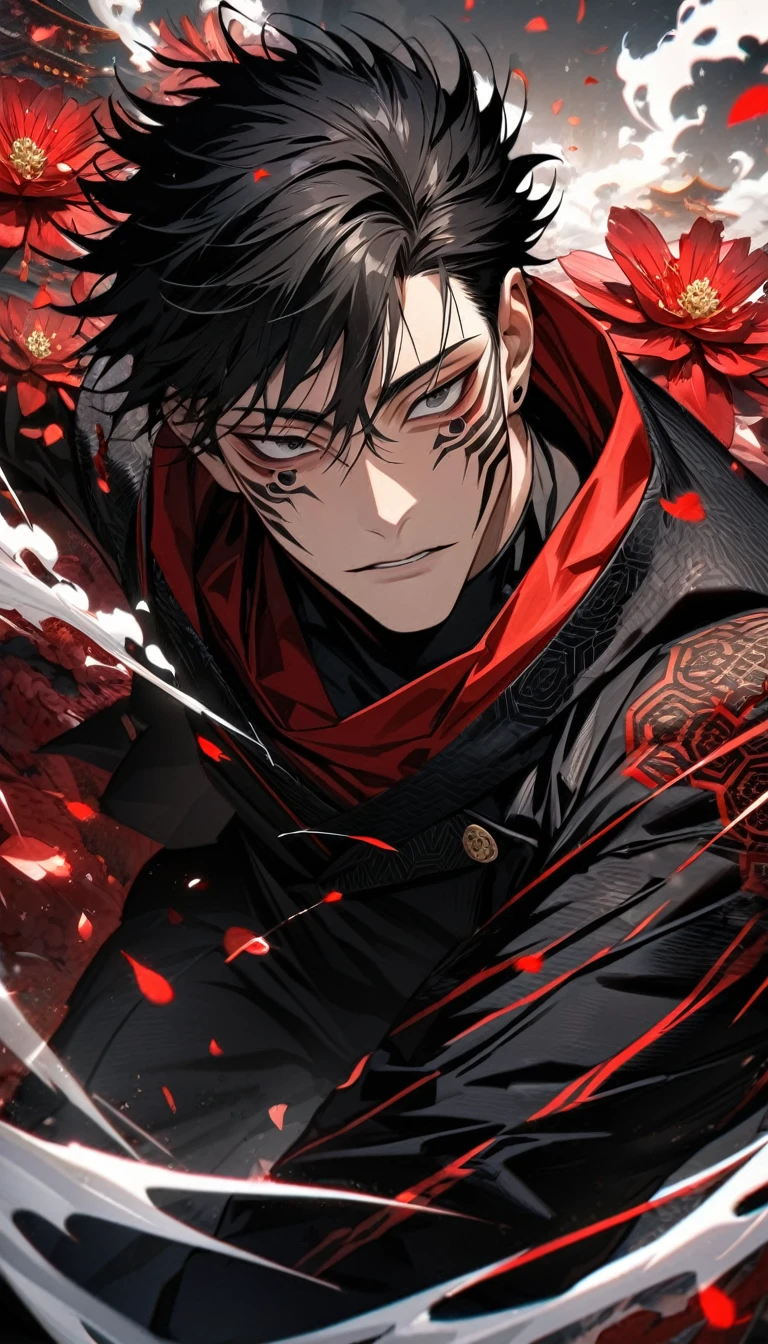 CHARACTER OF A PERSON WITH BLACK HAIR, LONG AGA, BROWN EYES, HANDSOME FACE, WEARING A KIMONO. NAMED "SUGURU GETO" IN THE ANIME STORY SERIES"(JUJUTSU KAISEN), IT STANDS IN THE MIDDLE OF A BEAUTIFUL CITY, WITH REALISTIC -8K HDR EFFECTS.