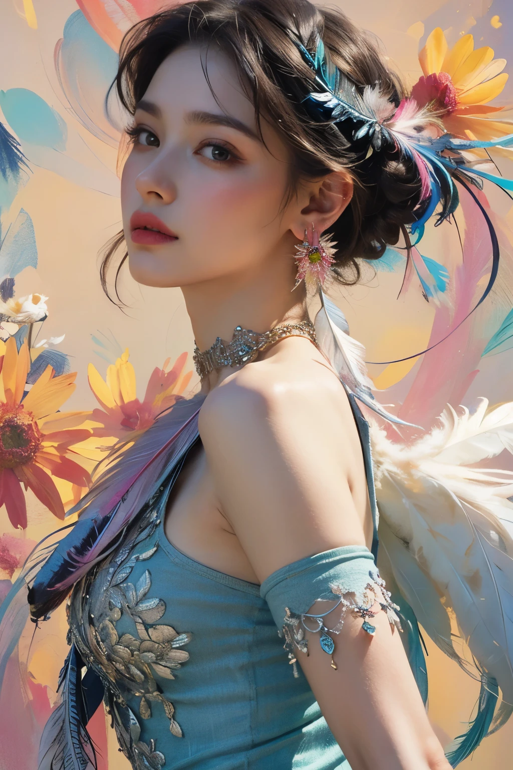 (Fashion Model)、Natural standing posture、bust、Beautiful Face、Beautiful hairstyle、short hair, Small breasts, Exposing shoulders, particle, Light, (masterpiece, Highest quality, Official Art, beautifully、aesthetic: 1.2), Very detailed, (Fractal Art: 1.1), (colorful: 1.1) (Flowers: 1.3), Best details, (Tangled: 1.2), (Dynamic pose), (Abstract background: 1.3) , (Glowing Skin), (Many colors: 1.4), (Earrings: 1.4), (feather: 1.4)