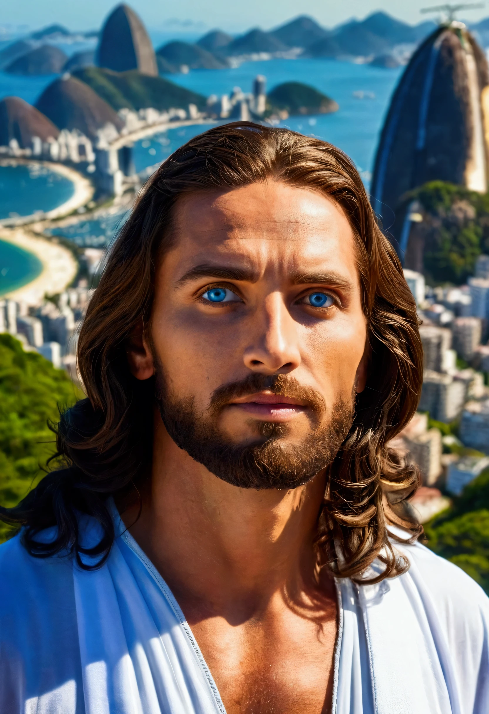 portrait of a handsome man, JesusChrist, with real blue eyes, On a sunny day, in a real world landscape in rio de janeiro, on top of sugar loaf, with intricate detail. whole body, serious face, Jesus Lord preaching to the people,{in various landscapes around the world}