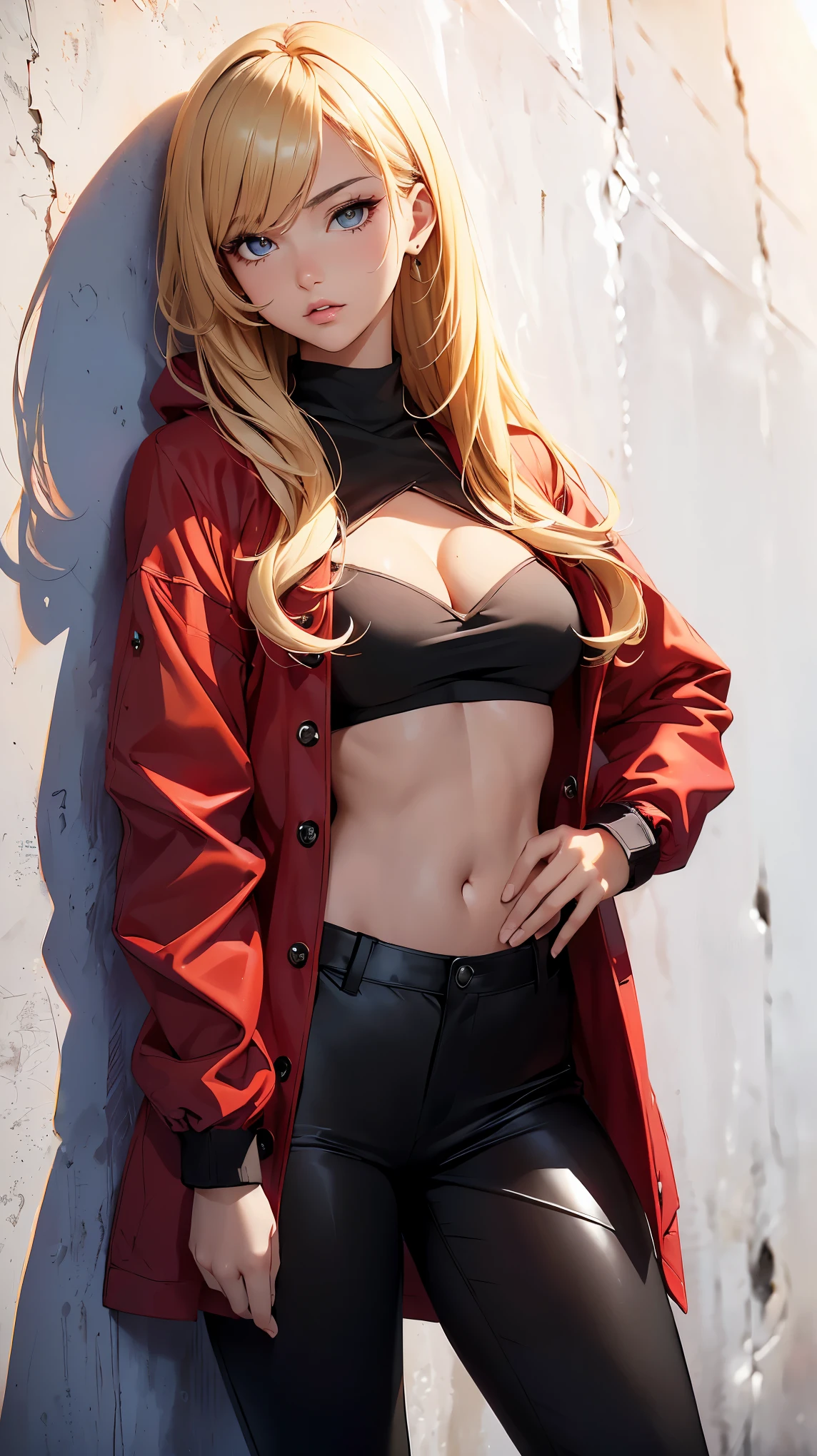 ((((Highest quality))))、(((Ultra-precision CG16K wallpaper)))、(((masterpiece)))、(((Super detailed)))、(((Extreme detail)))、((１Mature 29 year old woman:1.6))、((Very beautiful Japan face of a person))、((Urizane Face:1.8))、((medium soft wavy hair、blunt bangs:1.6))、((Shiny Blonde:1.5))、A delicately drawn beautiful face、(Dark Eyes、Detailed pupil and iris、Detailed eyelashes、Reflected light from the eye)、double eyelid、High nose、Small nostrils、Small Mouth、Seductive lips、Beautiful breasts、((B cup size breasts))、Vertical belly button、Delicate nails、Beautiful feet、((Thin thighs))、eight-headed body、Perfect proportions、Perfect Anatomy、Perfect composition、Beautiful detailed shading、Beautiful, natural lighting、Beautiful detail glow、Depth of written boundary、(((High chroma)))、(((Real:1.9)))、((vivid:1.5))、((Beautiful Skin))、((Skin Texture))、((Realな皮膚感))、(((Full Shot:1.6)))、(((front view、shoot from front、front low angle:1.6)))、(((Half-open mouth、Puzzled face:1.4)))、(((looking at camera:1.6)))、Bright daylight、Natural light、(((background_Tree-lined street、Sky and Clouds:1.5)))、(Walking pose:1.8)、(((Dark red high neck long sleeve ribbed shirt&Low rise skinny pants:1.6)))、((hair band、Wearing earrings:1.5))、