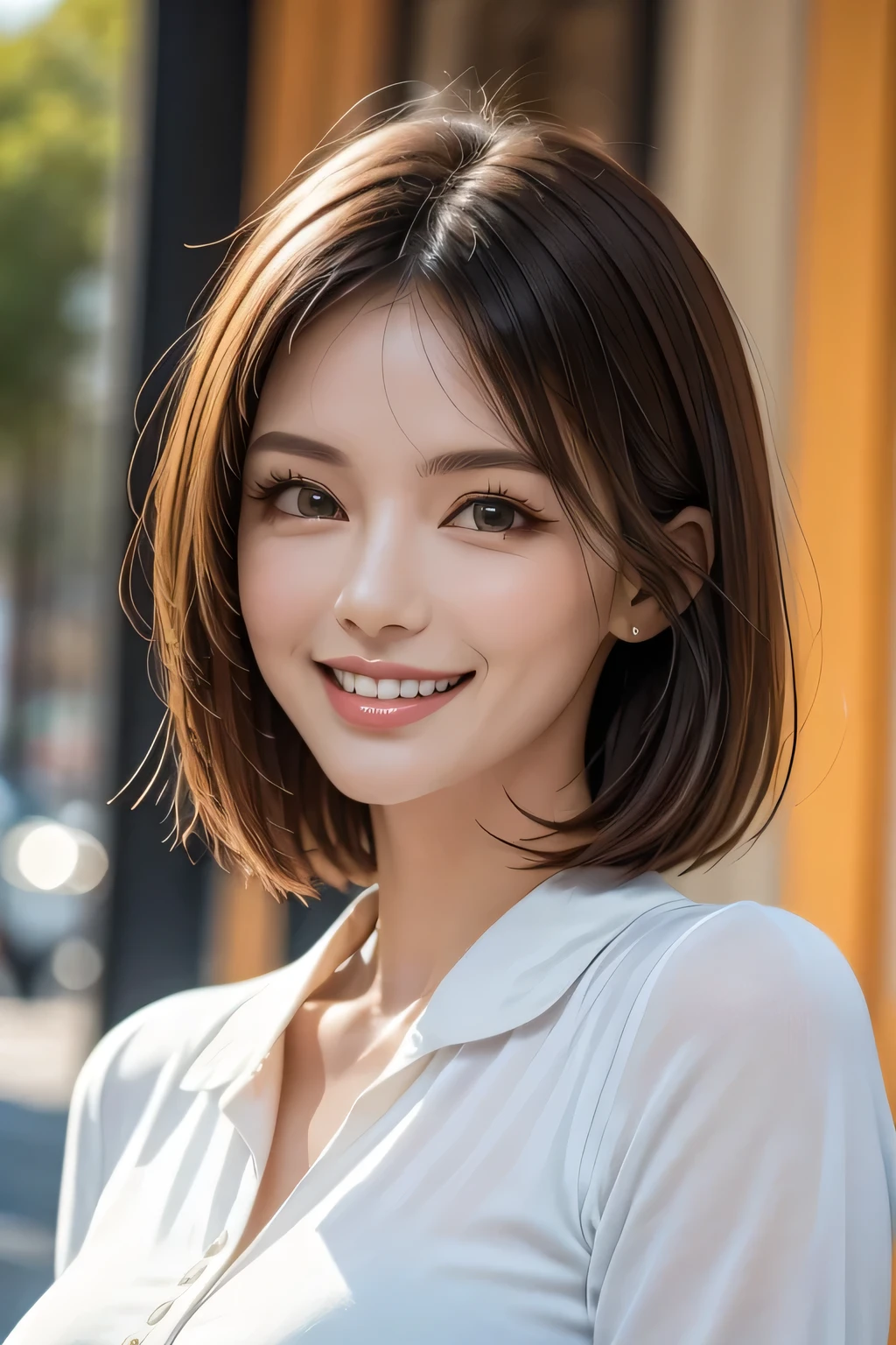((masterpiece)), ((Highest quality)), ((Complex)), ((Surreal)), (Realistic), (Mature Woman), ((No classes)), Very detailed, (1 female), Beautiful and exquisite, (Beautiful Teeth), Grin, Brunette bob hair, Brown eyes, ((blouse)), (Upper Body), (background:none), Perfect Eyes, Captivating eyes, Looking at the audience