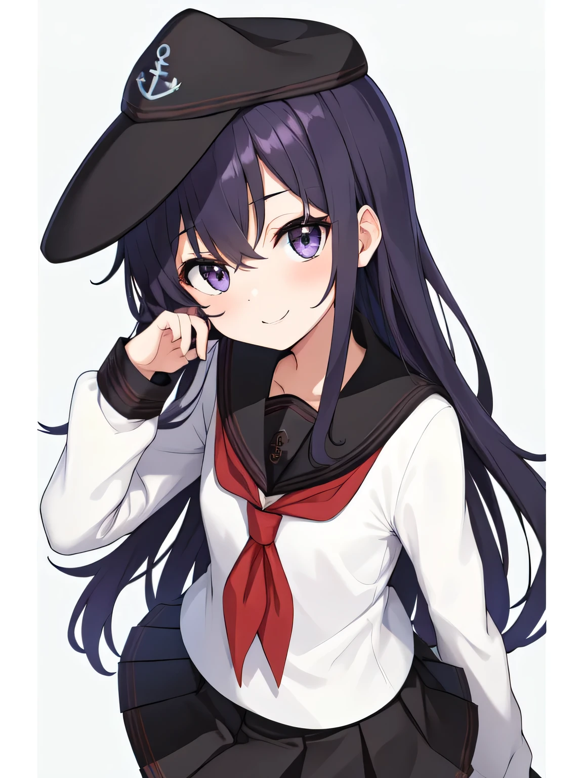 (masterpiece, Highest quality:1.2),figure,8k,High resolution,One girl,alone,Upper Body,(Portraiture:1.2),length_hair,White Seraphim,purple_eye,smile、anchor_symbol,flat_cap,purple_hair,black_hair,hair_between_eye,black_hat,black_skirt,length_sleeve,Pleats_skirt,red_neckerchief,School_uniform,skirt,black_pantyhose,black_Sailor_collar,Are standing、Facing forward.