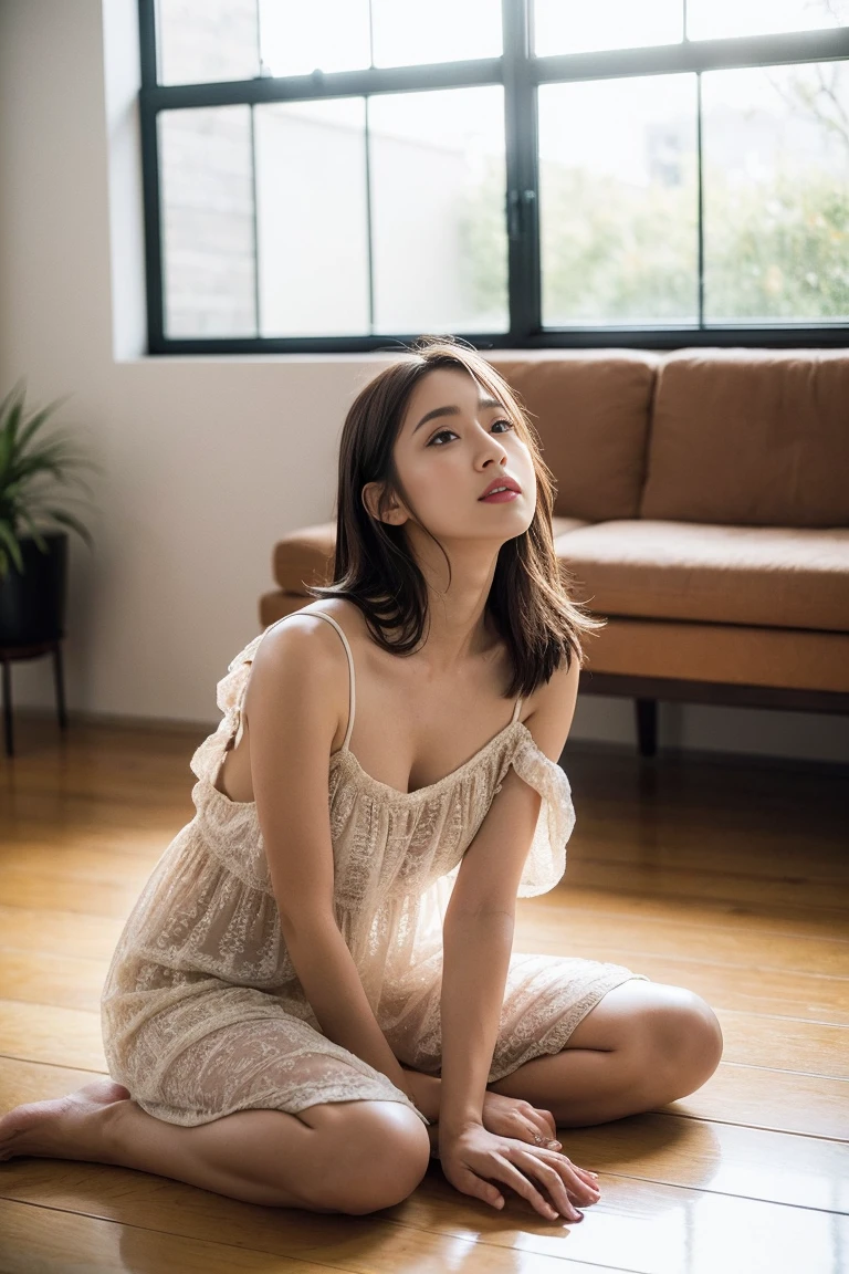 Dark brown hair、Light brown eyes、Japanese actress、 Lady、I am about 40 years old...、(Intricate details:1.2)、(Which is higher???:1.4)、 (Ultra-high resolution:1.2)、Ultra-high resolution、(fine adjustment)、(Detailed facial features)、Hmph、8k解像度、D cup size breasts、Long Hair、Large windows、Extravagant space、relax、、,Full body photo、Head to toe shot、Beautiful feet、Camisole dress、Beautiful feet、A refreshing room filled with sunlight、she, household items,   (plant:0.8), Fashion Hub, Extremely detailed, Very detailed, Realistic, Hourglass Shaped Body, Obscene pose,、、私 cry a lot、tears、person on the left、White wall、White floor、diagonally from below、please lift your chin、Press your butt against the wall、relaxした表情、Pose of Weakness、(auraroid photo:1.2)、From outside the window、Transparent painting、8k、32K、Highest quality、(Details of both eyes)、1 girl、elegant、(Loose dress :1.4)、sunset、sit、(Low - Angle、I looked up and saw this:1.2)、Hilarious、Leaning against a wall、Look here、